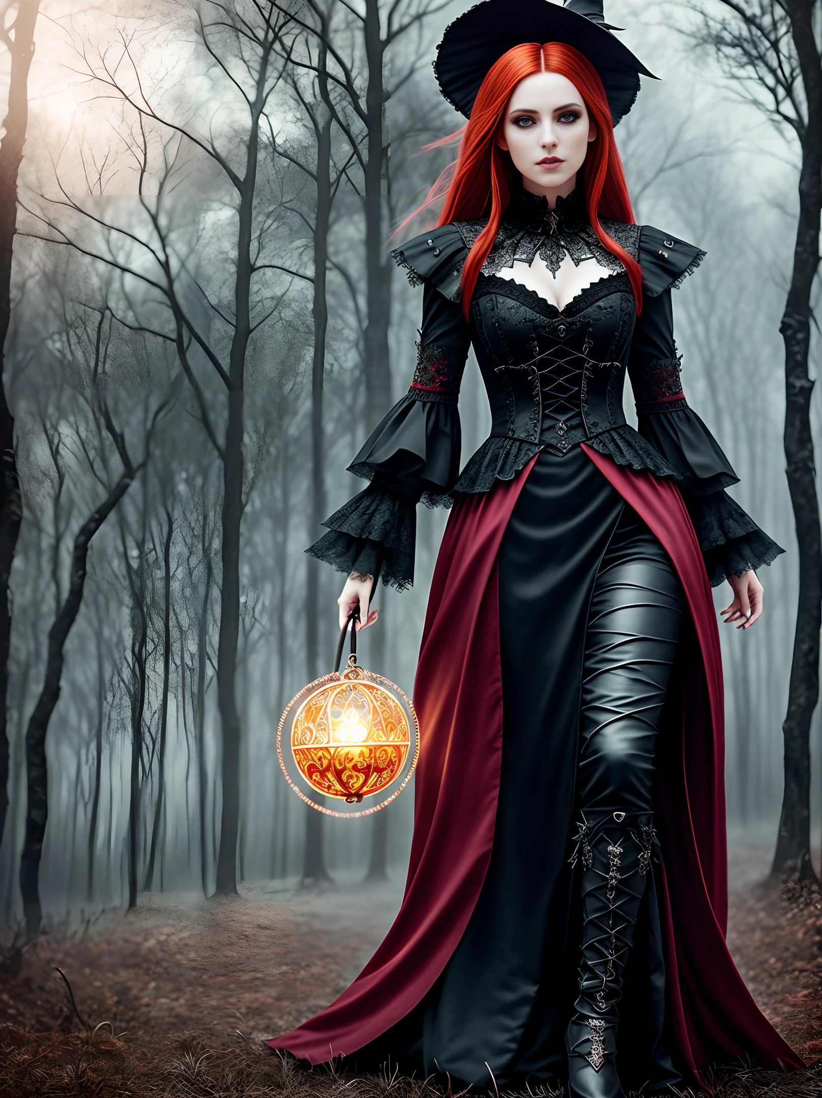 Beautiful witch, full body shot, movement, walking forward, slow-motion, witch, beautiful, masterpiece, hdr, powerful, piercing eyes, detailed eyes, intricate details, hyperdetailed, high contrast, highres, perfect lighting, white hair, red hair, unreal engine, fiery red magical energy balls in each hands, perfect hourglass figure, volumetric lighting, Photorealistic, hyperrealistic, gothic clothing, dark fantasy, intricate background darkness and magic