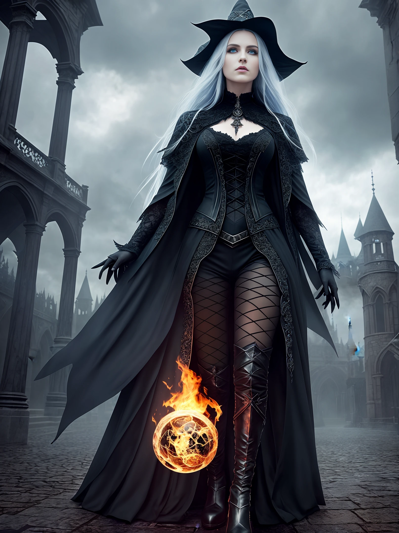 One Beautiful witch, hyperrealistic face, hyperdetailed face, body shot, movement, walking forward, slow-motion, witch, beautiful, masterpiece, hdr, powerful, piercing blue eyes, detailed eyes, intricate details, hyperdetailed, high contrast, highres, perfect lighting, white hair, long hair flowing, unreal engine, fiery red magical energy balls in each hands, perfect hourglass figure, volumetric lighting, Photorealistic, hyperrealistic, gothic clothing, dark fantasy, intricate background darkness and magic