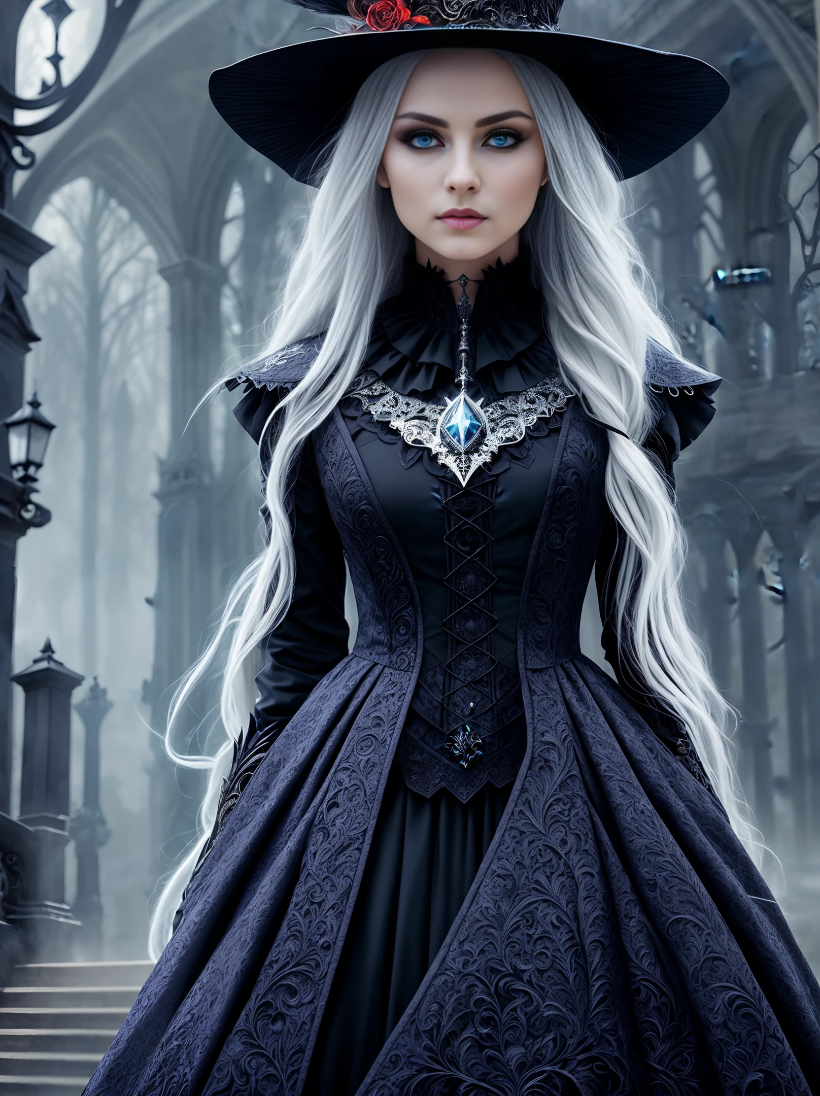 One Beautiful witch, hyperrealistic face, hyperdetailed face, body shot, movement, walking forward, slow-motion, witch, beautiful, masterpiece, hdr, powerful, piercing blue eyes, detailed eyes, intricate details, hyperdetailed, high contrast, highres, perfect lighting, white hair, long hair flowing, unreal engine, fiery red magical energy balls in each hands, perfect hourglass figure, volumetric lighting, Photorealistic, hyperrealistic, gothic clothing, dark fantasy, intricate background darkness and magic