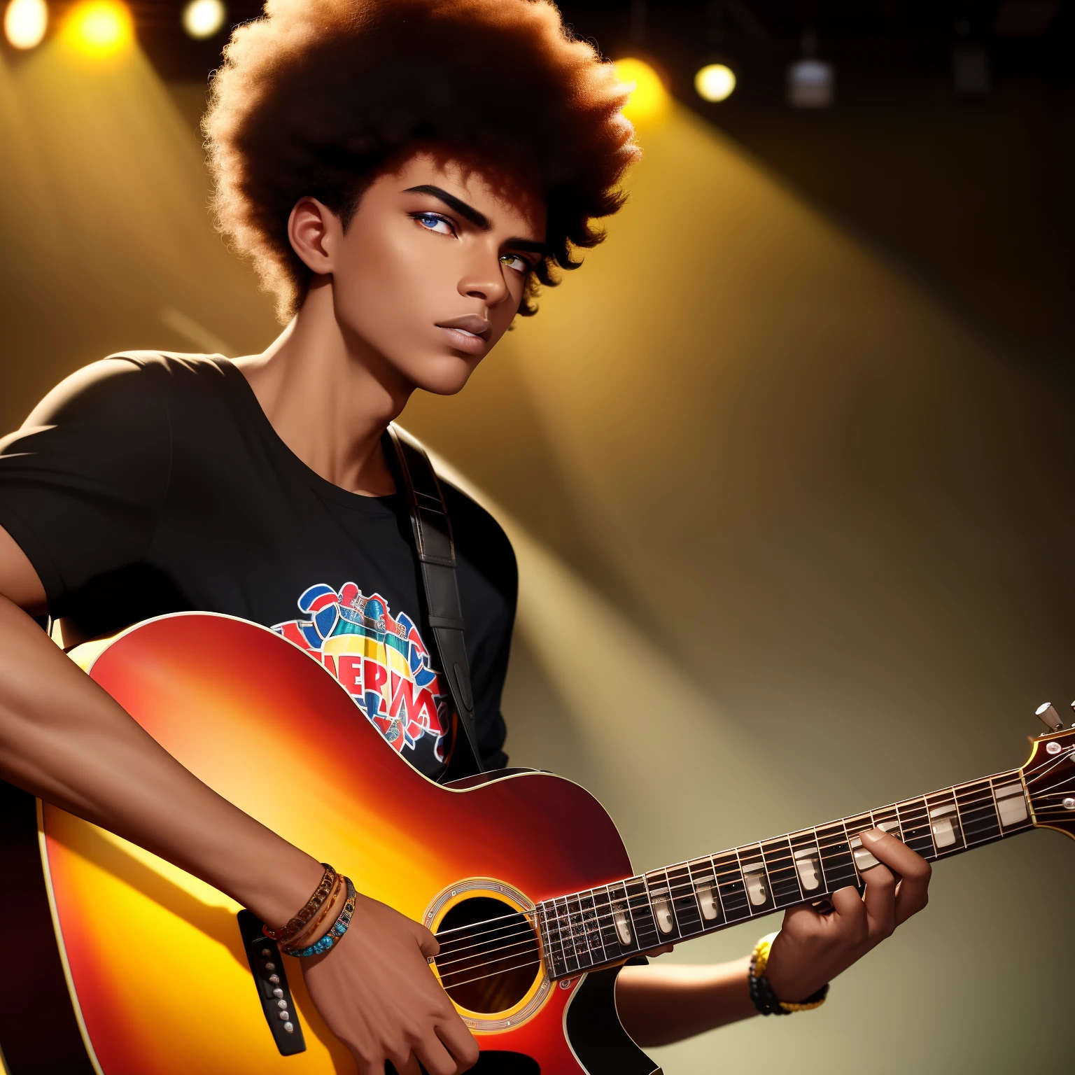 (dramatic illumination, dynamic angle, intense color contrast), [(teen boy with short afro hair, black skin and brown eyes: 1.2), (playing guitar: 1.2), (wearing black jeans, white T-shirt with yellow graphic, black jacket, leather bracelets: 1.1),  (pub/old-fashioned bar/country bar: 1.1)], (bright spotlight, lively music)