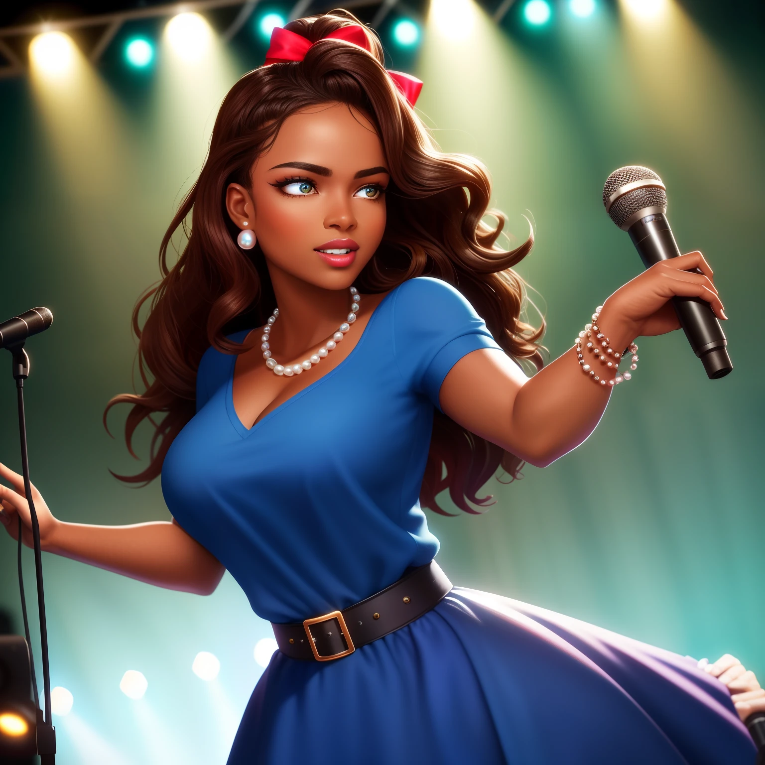 (dramatic illumination, dynamic angle, intense color contrast), [(young woman with brown wavy hair with bows, black skin and brown eyes: 1.2), (singing into microphone: 1.2), (wearing light blue dress and pearl necklace: 1.1), (dancing: 1.1), (pub/old-fashioned bar/country bar: 1.1)], (bright spotlight, lively music)