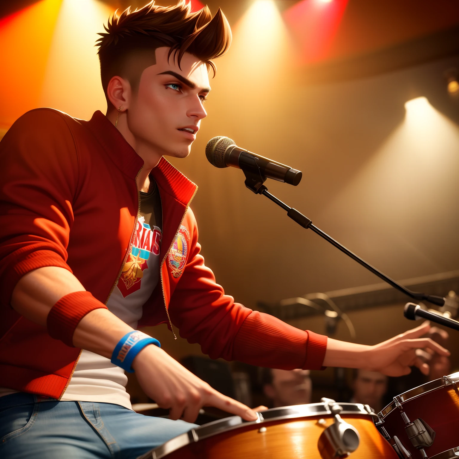 (dramatic illumination, dynamic angle, intense color contrast), [(muscular  boy with spiked brown hair with blue tips, olive skin and brown eyes: 1.2), (playing drums: 1.2), (wearing red varsity jacket and jeans: 1.1), (playing drums: 1:1),  (pub/old-fashioned bar/country bar: 1.1)], (bright spotlight, lively music)