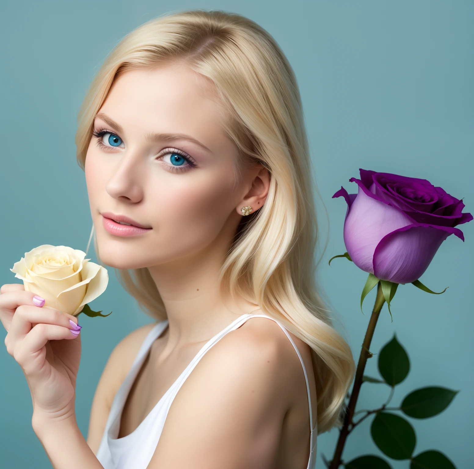 Pretty blonde woman holding a white rose in her hands, slim body, tall, delicate nose, wearing light makeup and a slightly purple eyeshadow, with ocean blue eyes, and a delicate chin, adult, pretty lips, realistic