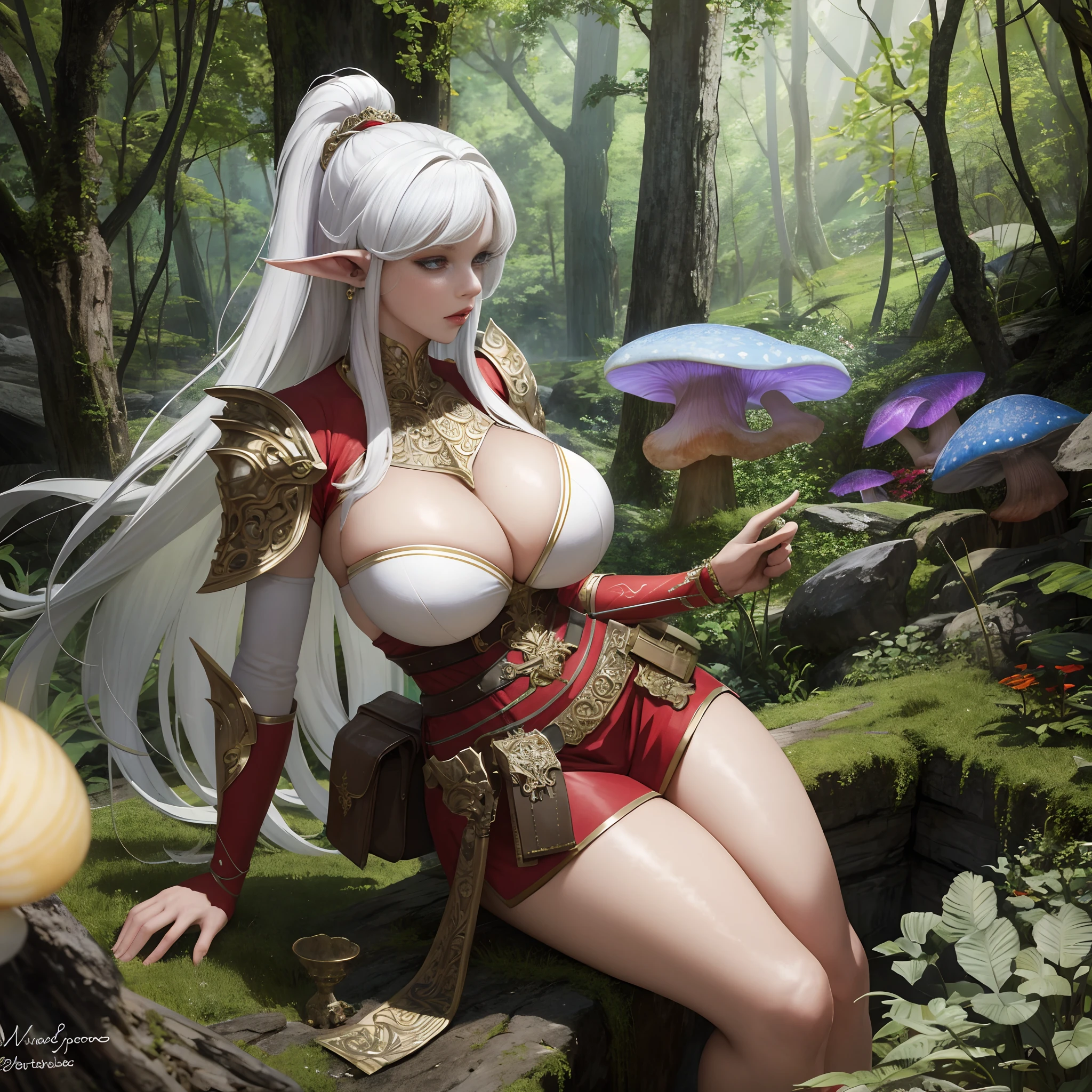 (masterpiece:1.2, best quality), (real picture, intricate details, depth of field), (1girls, perfect body, curvy), (huge breasts:1.3), skindentation, thick thighs, wide hips, make up, cleavage, parted lips, (blackskin), realistic, highly-detailed, perfect face, holding sword, dynamic angle, jewelry, (top-side view), white hair, (red eyes), elf ears, underworld elf armor, fantasy, complex background, underground elf city, big glowing mushrooms forest, colorful, underworld, inside the cave, 