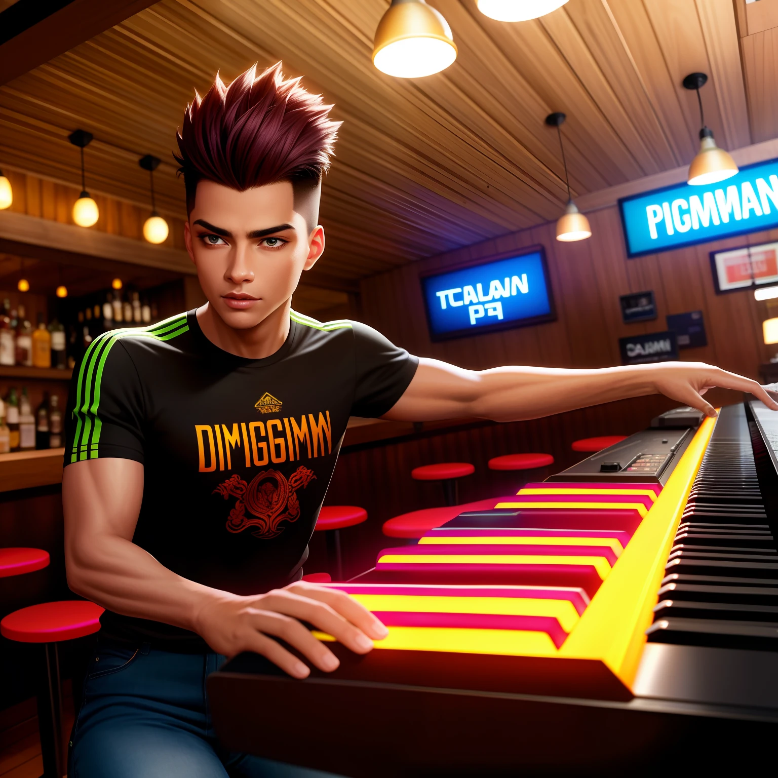 (dramatic illumination, dynamic angle, intense color contrast), [teen boy with short black faux-hawk, dimples, brown skin and brown eyes: 1.2), (playing keyboard: 1.2), (wearing black jeans, blue T-shirt green striped long sleeves and atom graphic: 1.1),  (pub/old-fashioned bar/country bar: 1.1)], (bright spotlight, lively music)