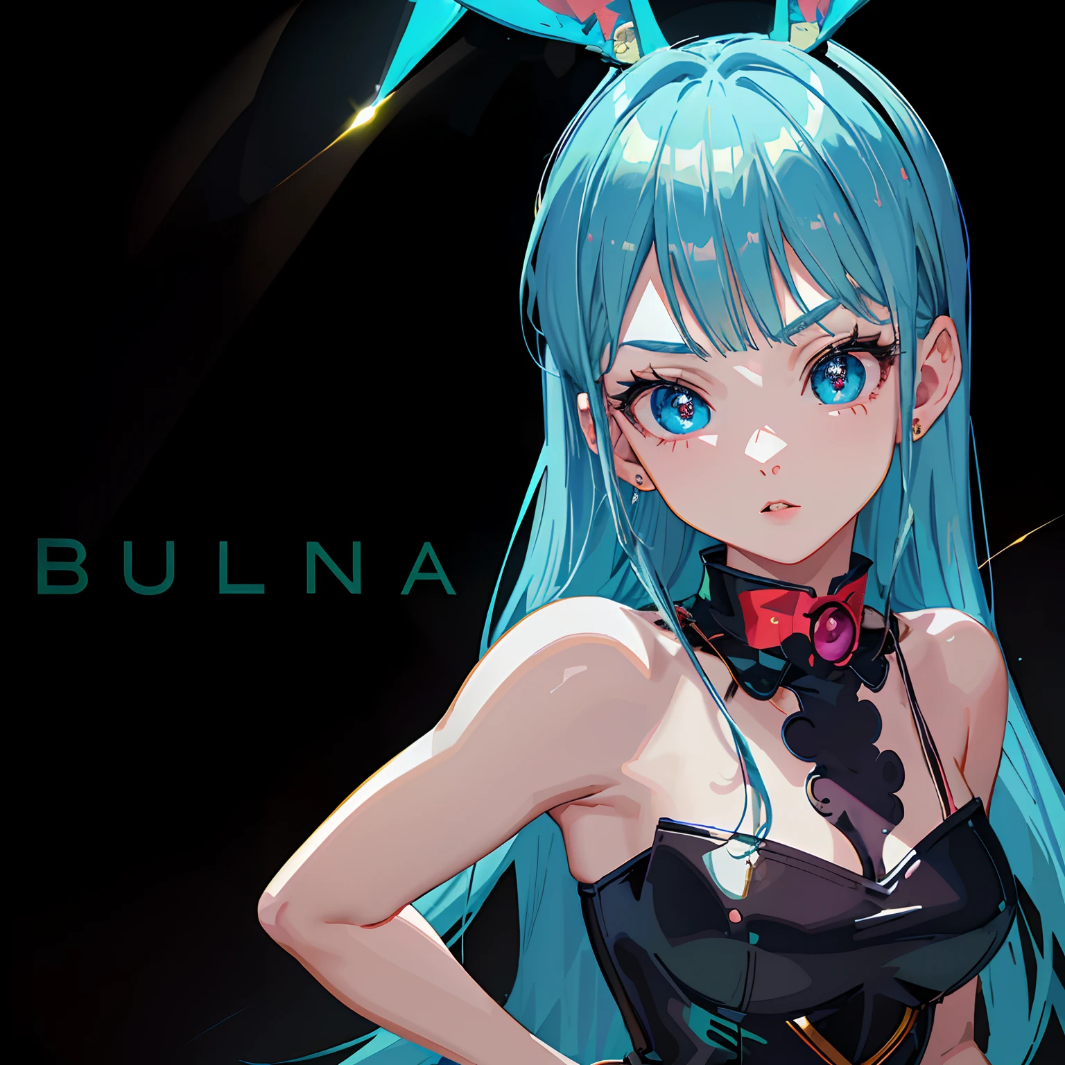 (Dragon Ball: 6) Look Left, Red Bowknot, Bulma, Black Low Cut, Tube Top, Black Rabbit Ears, (Masterpiece, Superb, Super Detailed, Aurora), (Background Details, Dark Fantasy), (Beautiful Detailed Face, Boolean Ma, Dragon Ball), High Contrast, (Best is Delicious and Beautiful), ((Movie Lights)), Rich Colors, Super Detailed, Dramatic Lighting, Intricate Details, (1 Girl, Bunny, Solo, Cyan Hair, pointed face, big eyes, long eyelashes, long bangs, dynamic angle), angle light, depth of field, black light particles, human face