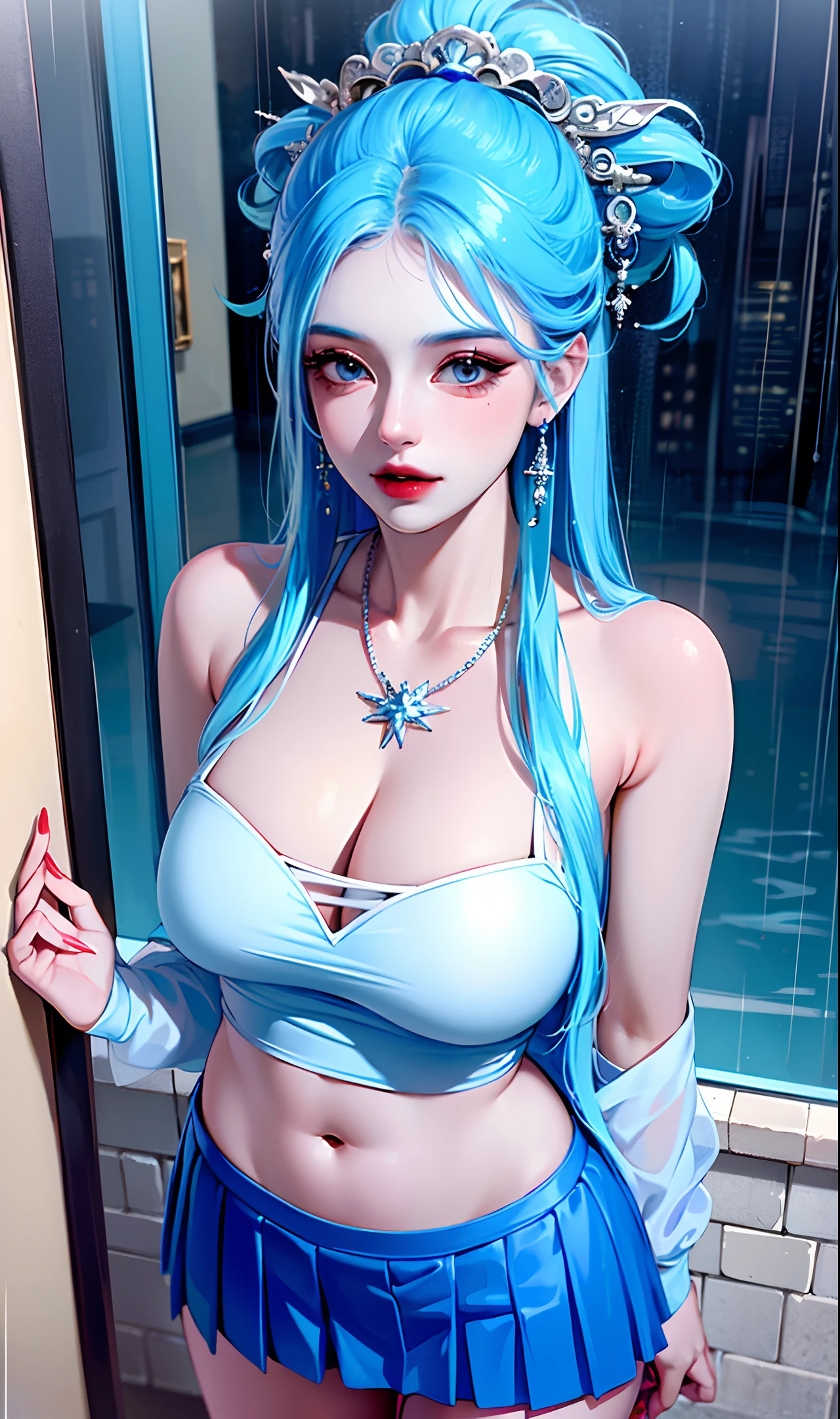 (masterpiece:1.4), (best quality:1.4), realistic, 1gril, solo, ((light blue hair)), hair ornament, long hair, blue eyes, collarbone, portrait, red lips, parted lips, (cleavage, pleated skirt), huge breasts, blue nails, necklace, earrings, fashi-girl, looking at viewer, professional light, night, rain, outdoors,