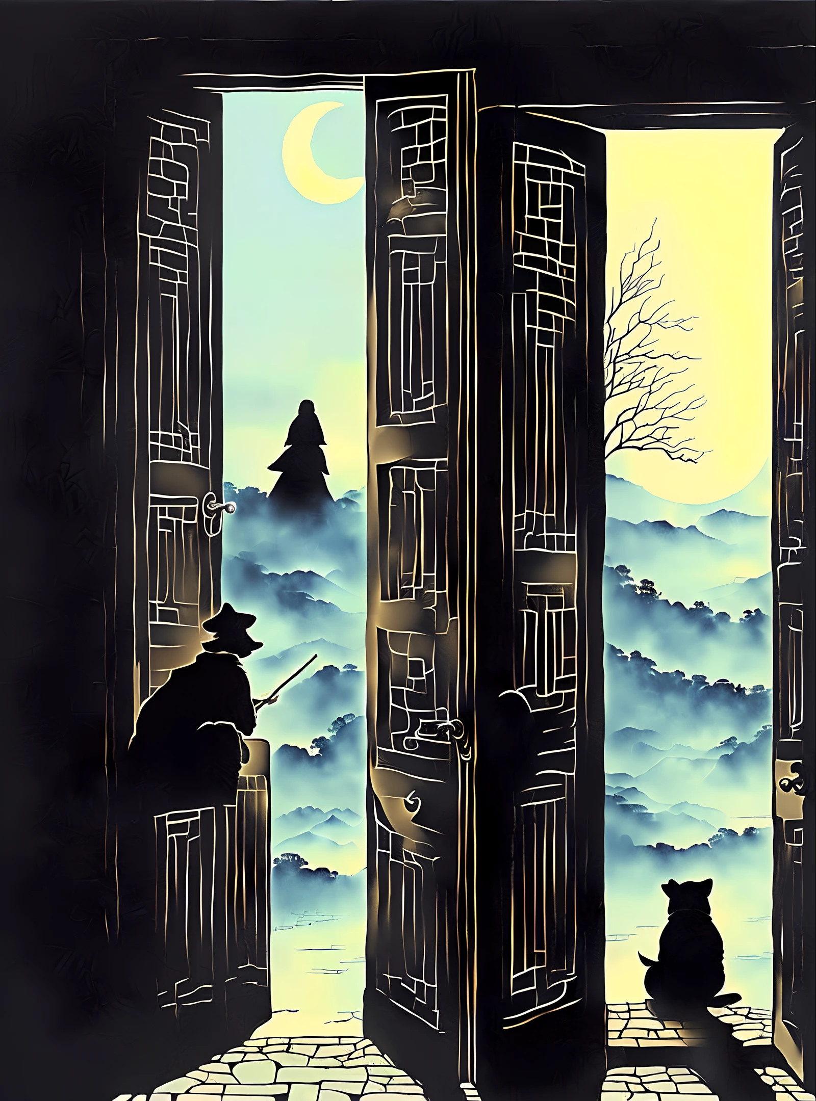 Peeking out through the crack of the door, I saw a hanged ghost walking on the steps, sighing softly at the moon. Both of them were so frightened that their legs trembled, and they both slumped in the door and dared not come out. The door was blocked by these two people, and even ghosts dared not go in. There was a stalemate for a long time. Suddenly a dog saw the ghost and barked wildly, and the group of dogs also barked wildly when they heard the sound. People thought there were thieves, and rushed into the courtyard with lanterns and sticks. traditional Chinese painting