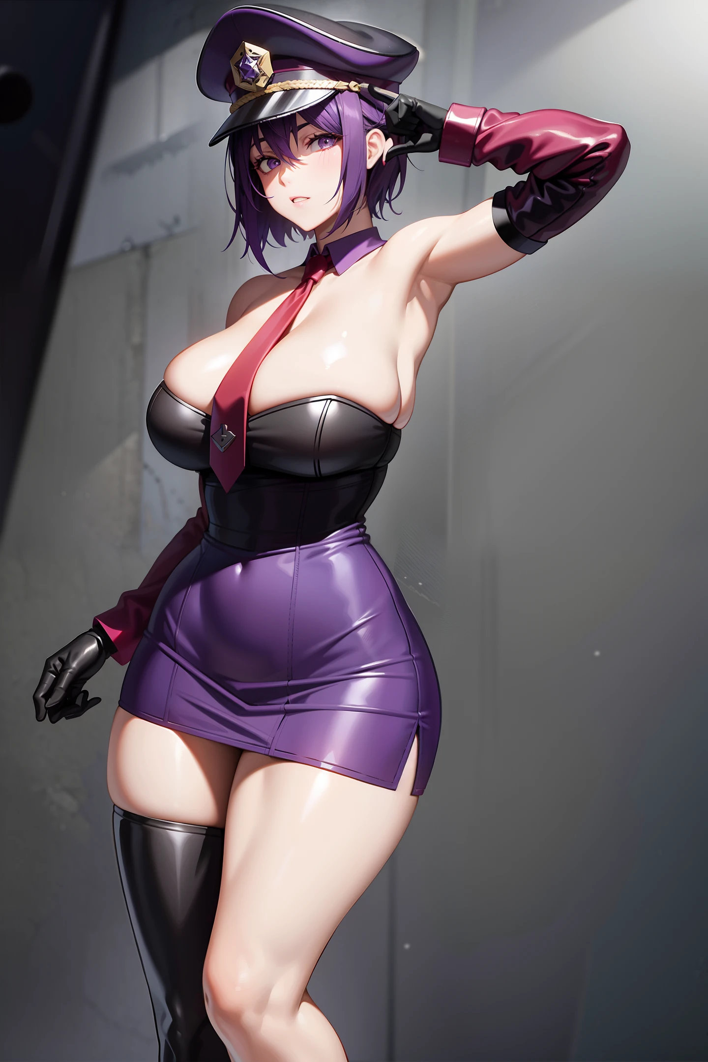 Short purple hair, plump youthful face, black police cap, red tie, purple tight low-cut dress, purple leather gloves, black leather boots, strapless thighs, big breasts, anime style, stone prison.