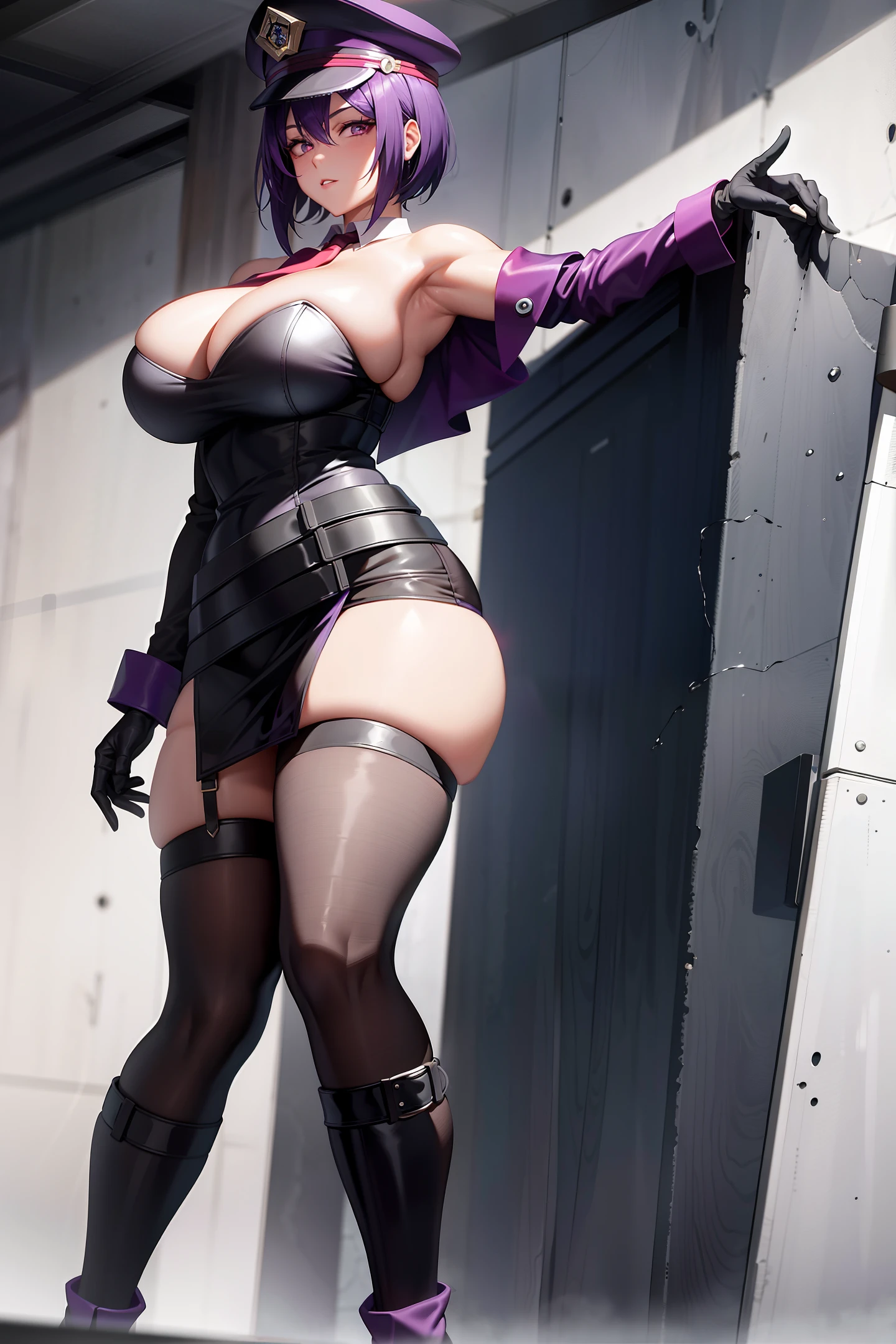 Short purple hair, plump youthful face, black police cap, red tie, purple tight low-cut dress, purple leather gloves, black leather boots, strapless thighs, big breasts, anime style, stone prison.