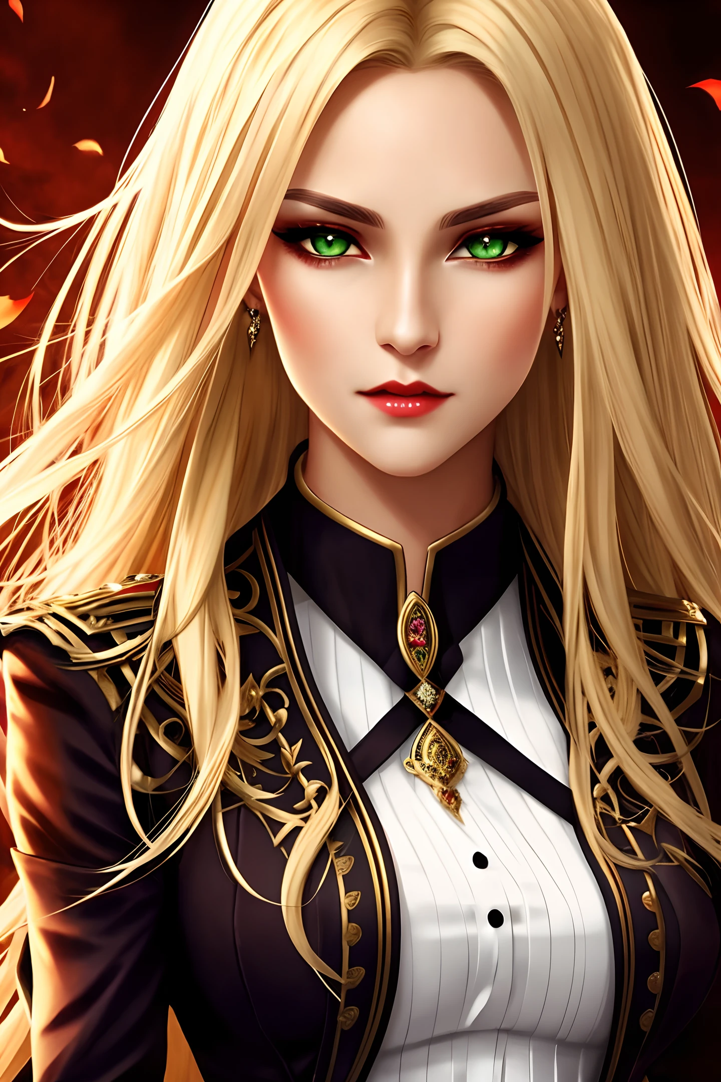 vampire cg art, female character, green eyes, blonde hair, harmonious features, good overall phenotype, serious expression, striking looking features, tanned yellowish skin color,