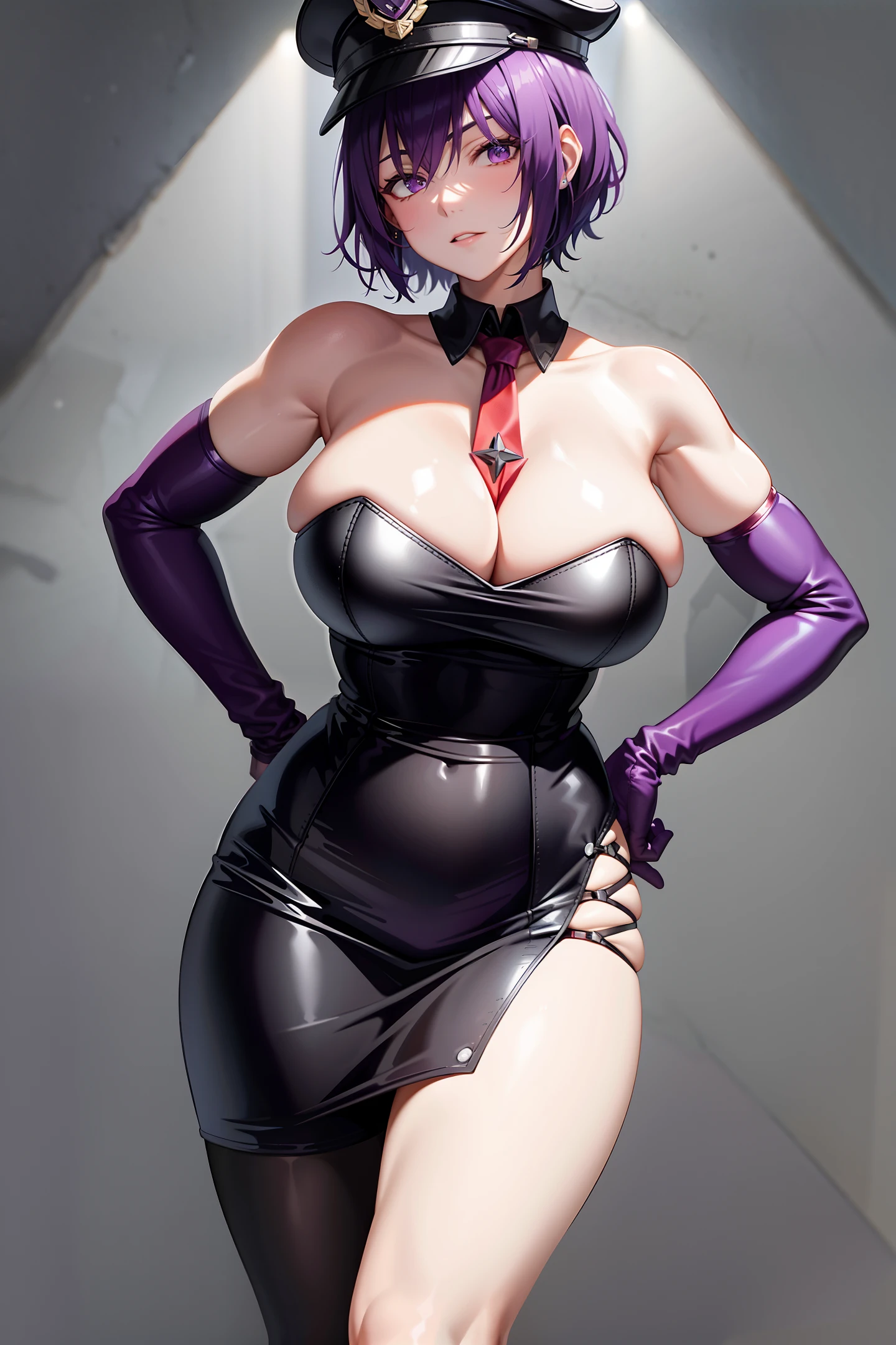 Short purple hair, plump youthful face, black police cap, red tie, purple tight low-cut dress, purple leather gloves, black leather boots, strapless thighs, big breasts, anime style, stone prison.