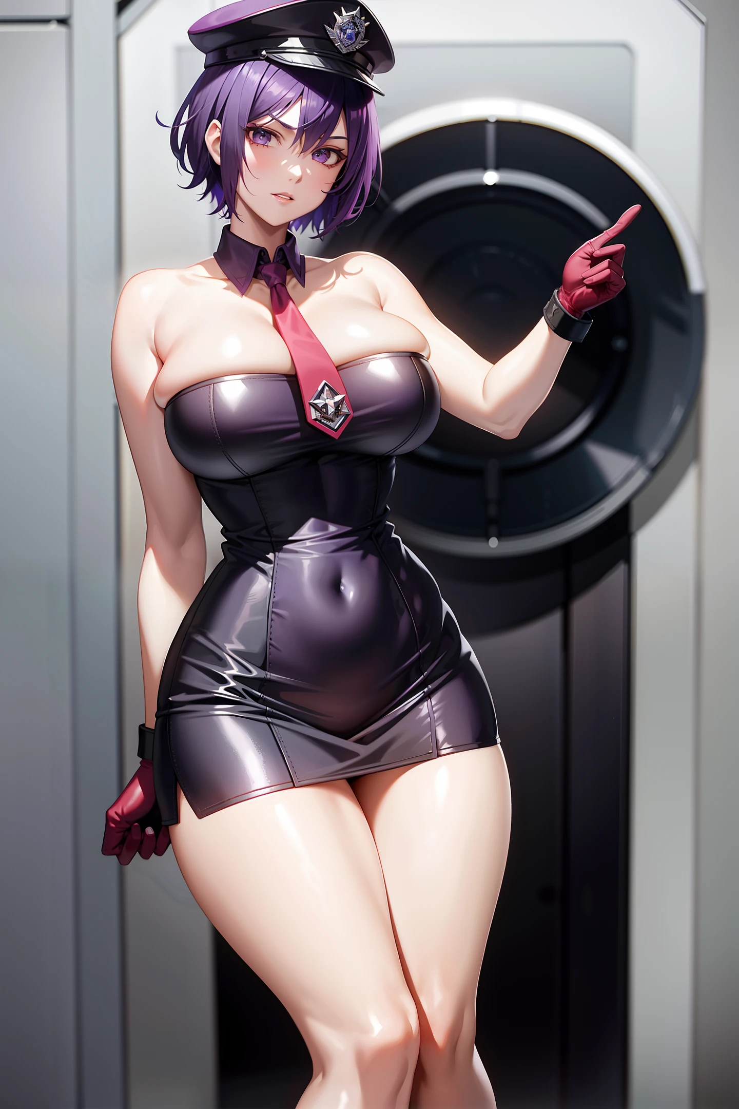 Short purple hair, plump youthful face, black police cap, red tie, purple tight low-cut dress, purple leather gloves, black leather boots, strapless thighs, big breasts, anime style, stone prison.