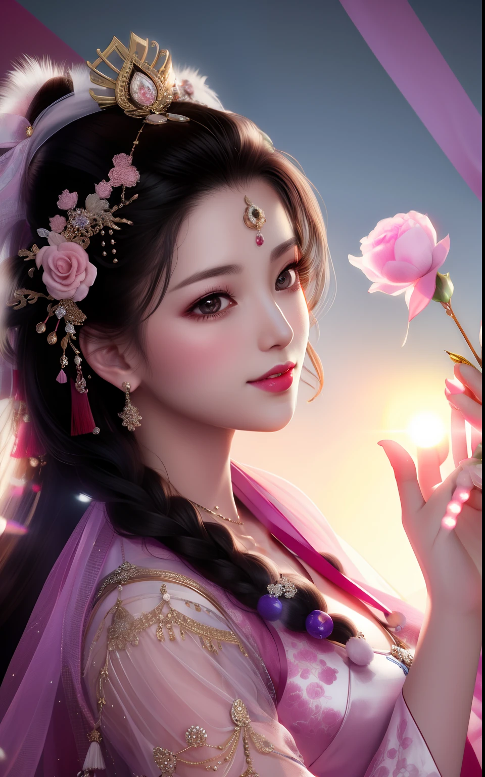 Oriental classical beauty; high nose bridge; oval face; curly long hair; smile; elegant; pink skin