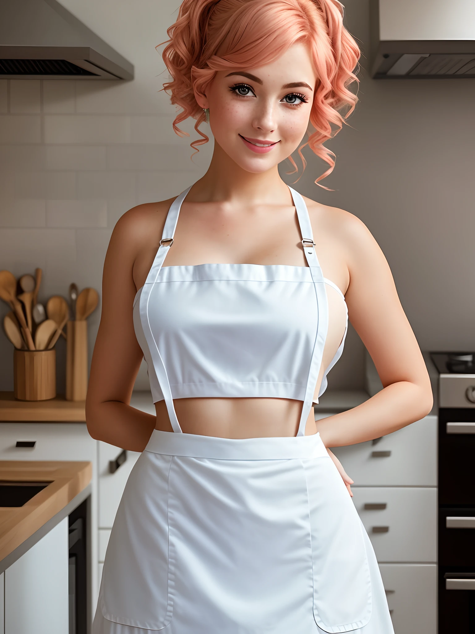 Closeup portrait of playful maid, cropped hair, apron, amazing body, pronounced femininity, plump, kitchen, [ash blonde|ginger|pink hair], freckles, flirting with camera