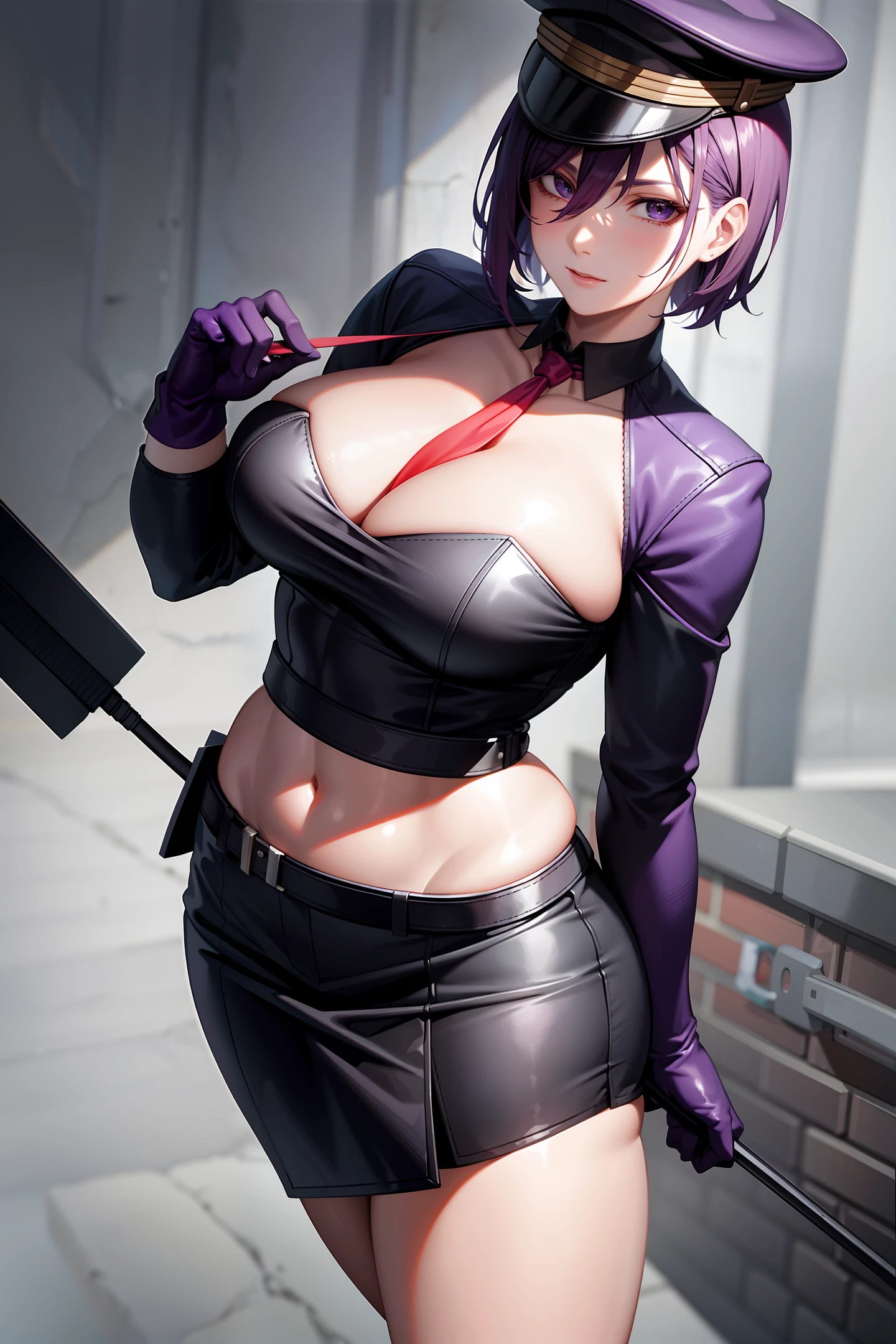 Short purple hair, plump youthful face, black police cap, red tie, purple tight low-cut dress, purple leather gloves, black leather boots, strapless thighs, big breasts, anime style, stone prison.