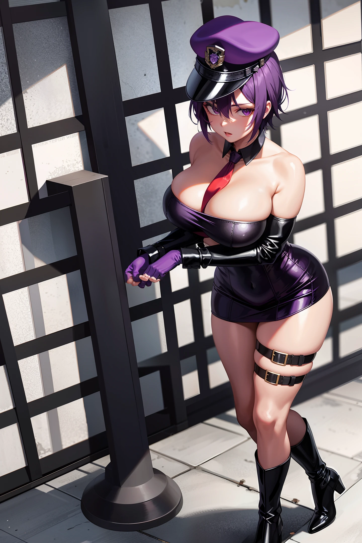 Short purple hair, plump youthful face, black police cap, red tie, purple tight low-cut dress, purple leather gloves, black leather boots, strapless thighs, big breasts, anime style, stone prison.