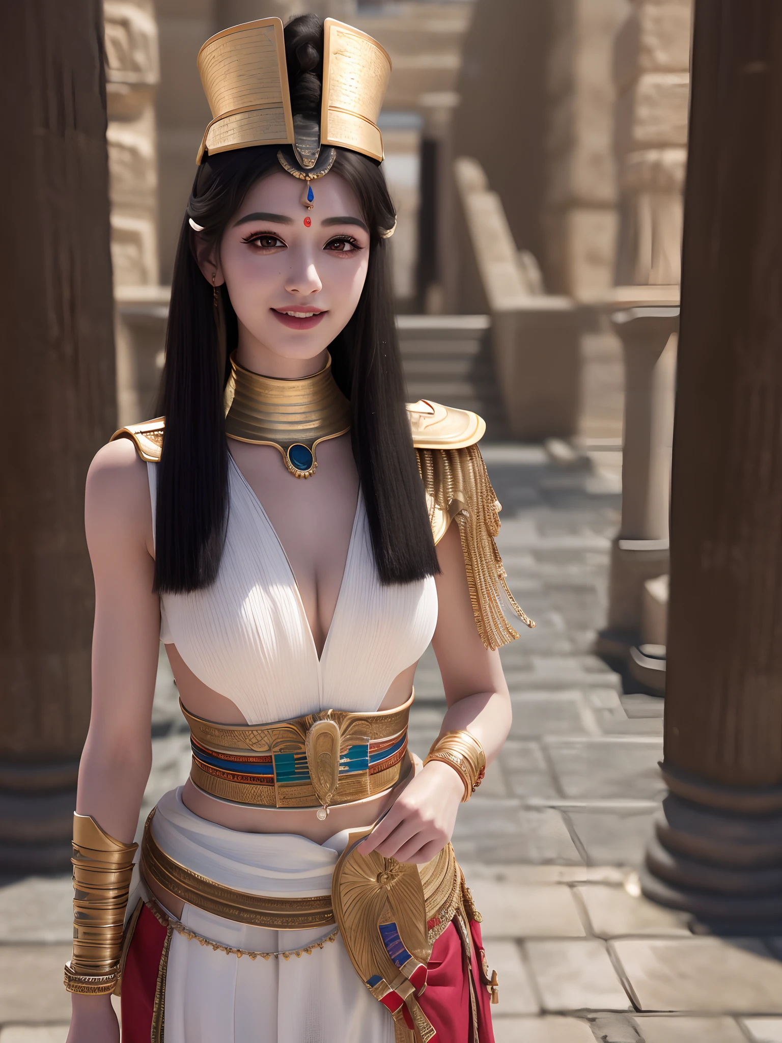 Cleopatra wore an elaborate Egyptian royal kilt in a colorful and sophisticated gown. She stands coquettishly in front of the pyramid. Front-facing 8K ultra-detailed 3D depth-of-field with Ancient Egypt theme. Background Fine Texture OC Rendering Ultra HD Fine Texture Front Body 3D Rendering 8K Ancient Egypt Theme Front 8K Ultra Fine 3D Depth of Field Background Fine Texture OC Rendering Ultra HD Fine Texture Front Body 3D Rendering 8K Fine Skin Oily Body Fine Skin Extreme Skin Detail Female White and Tender Skin,(8k),(extreme),(masterpiece:1.2),(fidelity:2), super detailed,1 female,cute, smiling, beautiful, detailed eyes, full body shot, nice detailed nose, full body, Movie texture, ((movie version lighting)), fine hair, (charm pose), long hair, realistic, single, super high resolution, beautiful teeth, small mouth, whole body, smile, gentle smile, standing, 1girl, pretty, masterpiece, very detailed face, perfect lighting, professional lighting, HDR, lipstick, super detailed,