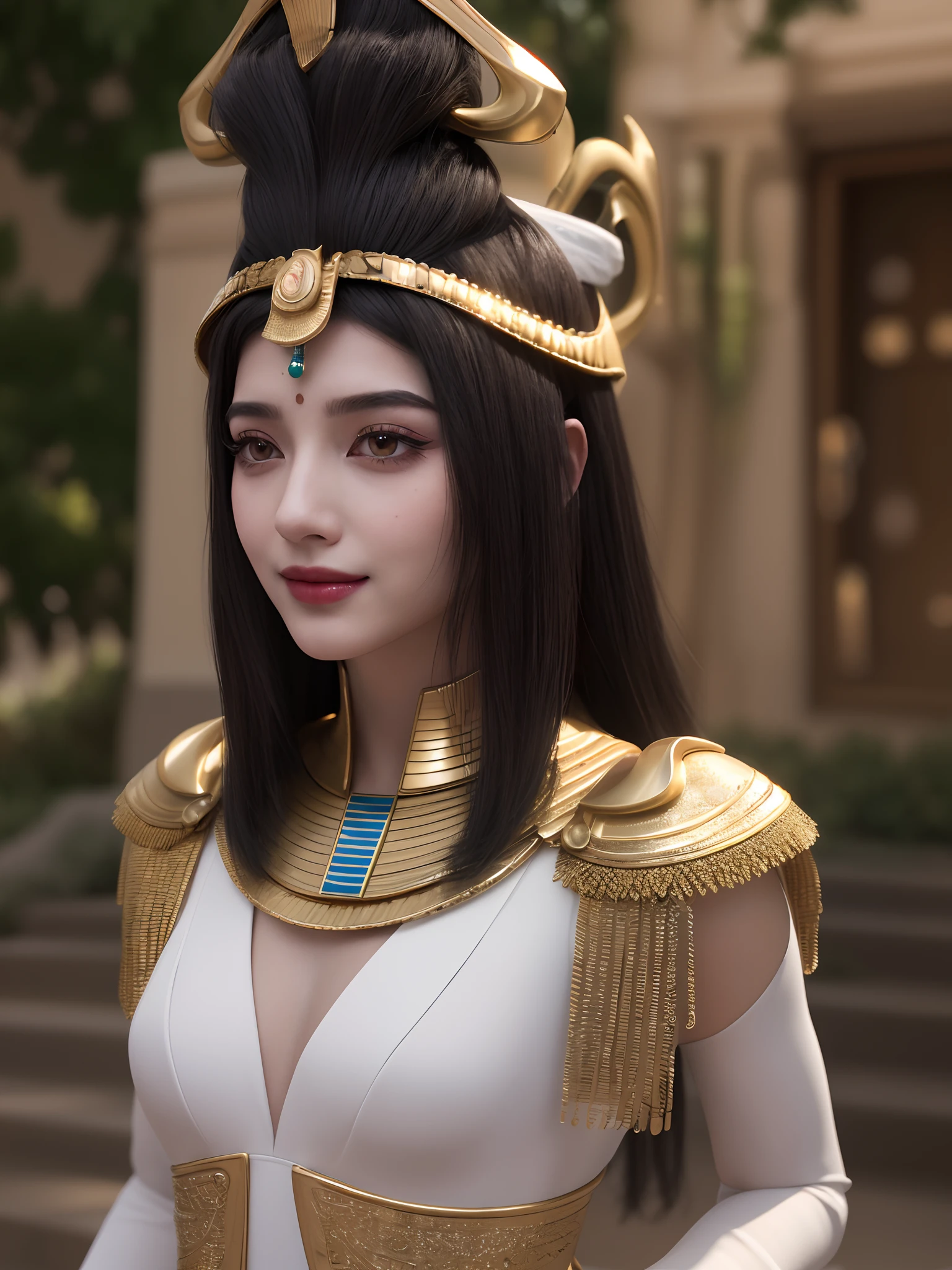 Cleopatra wears an elaborate Egyptian royal kilt in a colorful and elaborate gown. She stands coquettishly in front of the pyramid. Front-facing 8K ultra-detailed 3D depth-of-field with Ancient Egypt theme. Background Fine Texture OC Rendering Ultra HD Fine Texture Front Body 3D Rendering 8K Ancient Egypt Theme Front 8K Ultra Fine 3D Depth of Field Background Fine Texture OC Rendering Ultra HD Fine Texture Front Body 3D Rendering 8K Fine Skin Oily Body Fine Skin Extreme Skin Details Female White and Tender Skin,(8k),(extreme),(masterpiece:1.2),(fidelity:2), super detailed,1 female,cute, smiling, beautiful, detailed eyes, full body shot, nice detailed nose, full body, Movie texture, ((movie version lighting)), fine hair, (charming pose), long hair, realistic, single person, super high resolution, beautiful teeth, small mouth, whole body, smile, gentle smile, standing, 1girl, pretty, Masterpiece, very detailed face, perfect lighting, professional lighting, HDR, lipstick, super detailed,