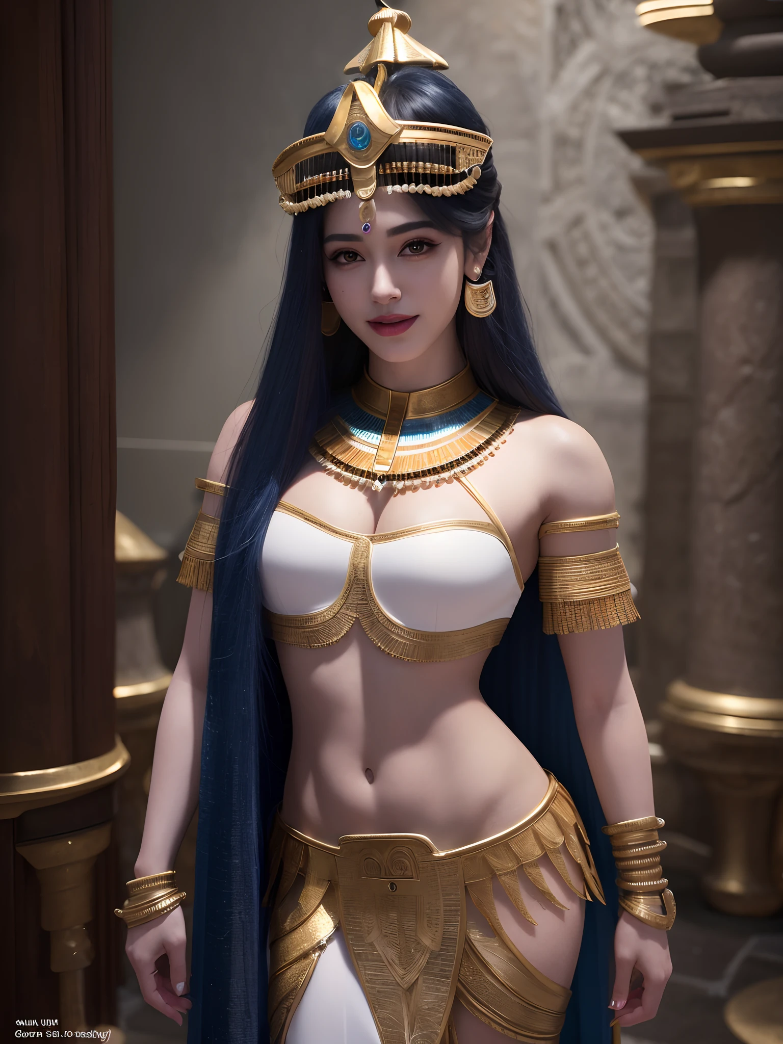 Cleopatra wears an elaborate Egyptian royal kilt in a colorful and elaborate gown. She stands coquettishly in front of the pyramid. Front-facing 8K ultra-detailed 3D depth-of-field with Ancient Egypt theme. Background Fine Texture OC Rendering Ultra HD Fine Texture Front Body 3D Rendering 8K Ancient Egypt Theme Front 8K Ultra Fine 3D Depth of Field Background Fine Texture OC Rendering Ultra HD Fine Texture Front Body 3D Rendering 8K Fine Skin Oily Body Fine Skin Extreme Skin Details Female White and Tender Skin,(8k),(extreme),(masterpiece:1.2),(fidelity:2), super detailed,1 female,cute, smiling, beautiful, detailed eyes, full body shot, nice detailed nose, full body, Movie texture, ((movie version lighting)), fine hair, (charming pose), long hair, realistic, single person, super high resolution, beautiful teeth, small mouth, whole body, smile, gentle smile, standing, 1girl, pretty, Masterpiece, very detailed face, perfect lighting, professional lighting, HDR, lipstick, super detailed,