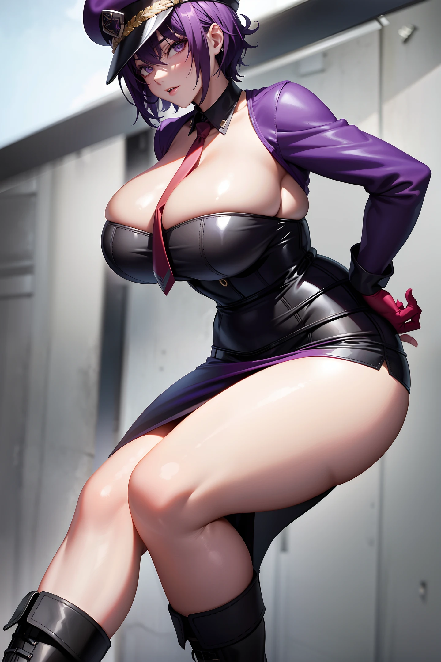 Short purple hair, plump youthful face, black police cap, red tie, purple tight low-cut dress, purple leather gloves, black leather boots, strapless thighs, , anime style, stone prison.