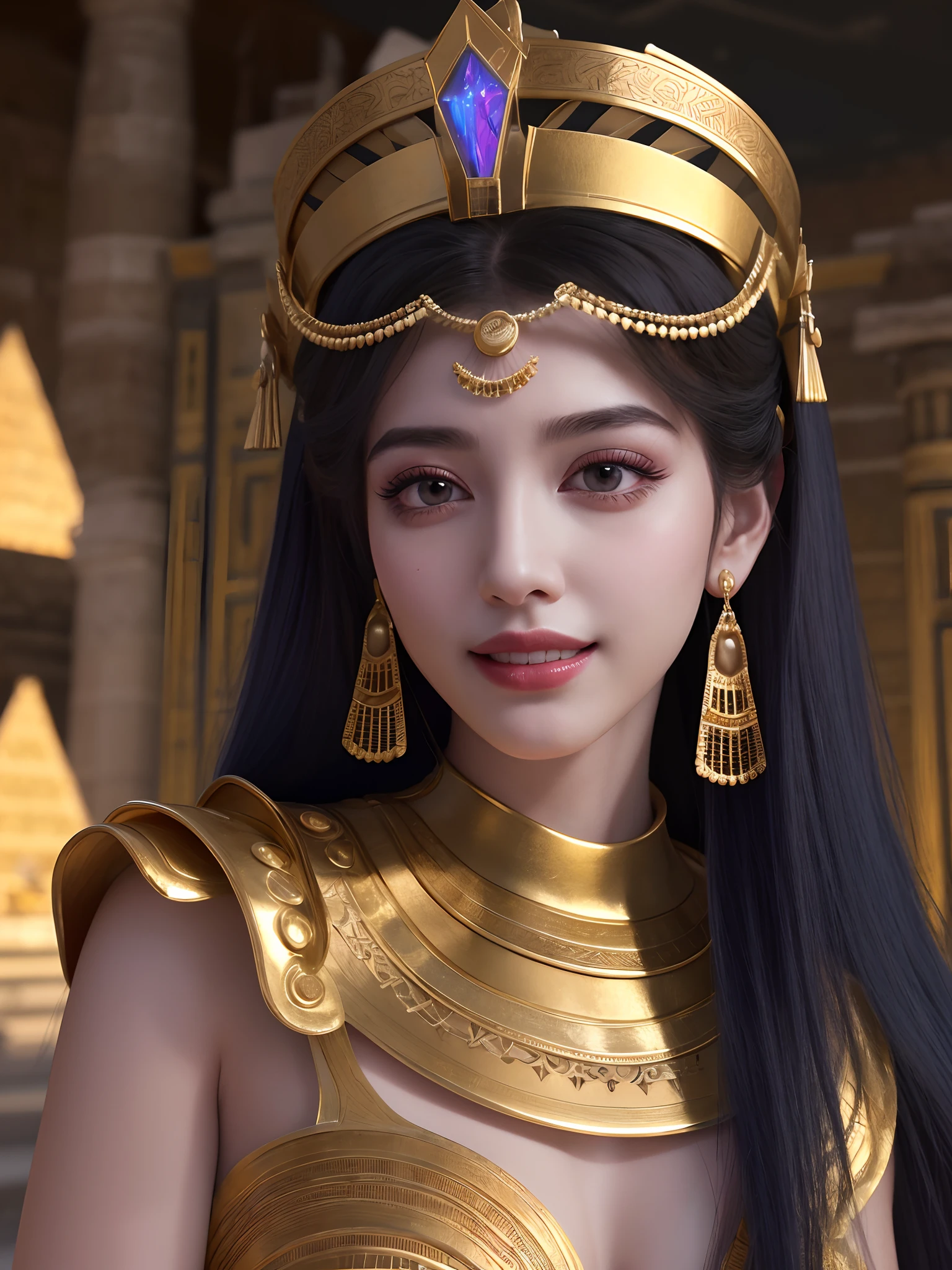 Cleopatra wears an elaborate Egyptian royal kilt in a colorful and elaborate gown. She stands coquettishly in front of the pyramid. Front-facing 8K ultra-detailed 3D depth-of-field with Ancient Egypt theme. Background Fine Texture OC Rendering Ultra HD Fine Texture Front Body 3D Rendering 8K Ancient Egypt Theme Front 8K Ultra Fine 3D Depth of Field Background Fine Texture OC Rendering Ultra HD Fine Texture Front Body 3D Rendering 8K Fine Skin Oily Body Fine Skin Extreme Skin Detail Female White and Tender Skin,(8k),(extreme),(masterpiece:1.2),(fidelity:2), super detailed,1 female,cute, smiling, beautiful, detailed eyes, full body shot, nice detailed nose, full body, Movie texture, ((movie version lighting)), fine hair, (charming pose), long hair, realistic, single person, super high resolution, beautiful teeth, small mouth, whole body, smile, gentle smile, standing, 1girl, pretty, Masterpiece, very detailed face, perfect lighting, professional lighting, HDR, lipstick, super detailed,