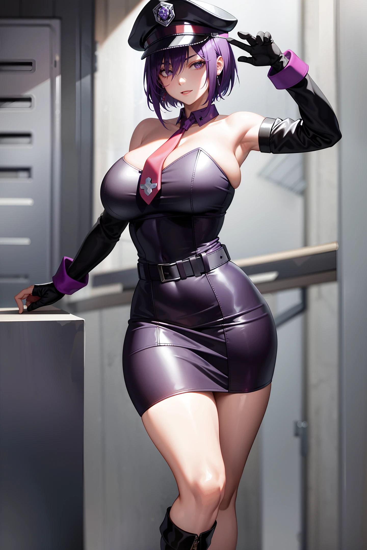 Short purple hair, plump youthful face, black police cap, red tie, purple tight low-cut dress, purple leather gloves, black leather boots, strapless thighs, big breasts, anime style, stone prison.