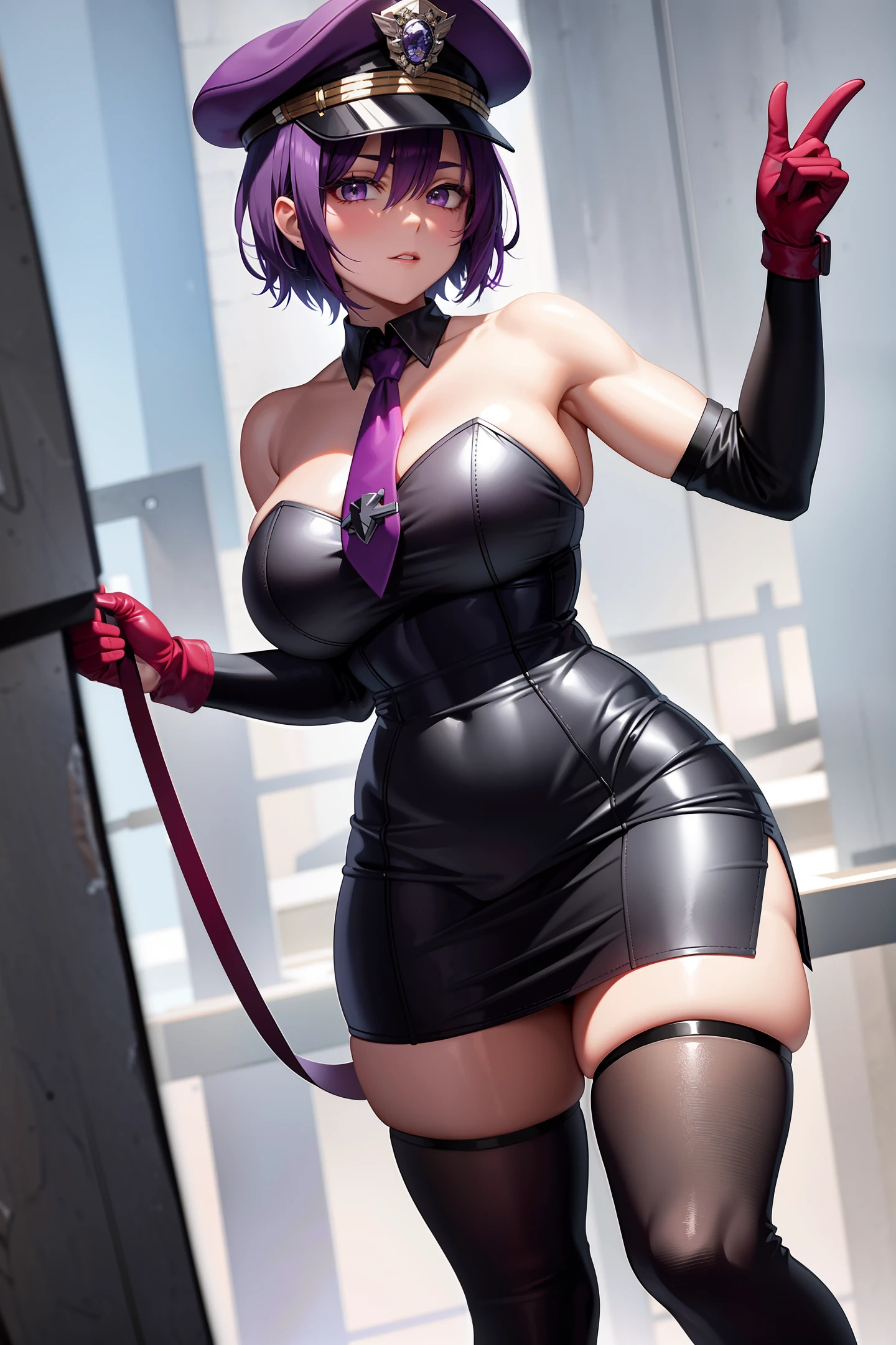 Short purple hair, plump youthful face, black police cap, red tie, purple tight low-cut dress, purple leather gloves, black leather boots, strapless thighs, big breasts, anime style, stone prison.