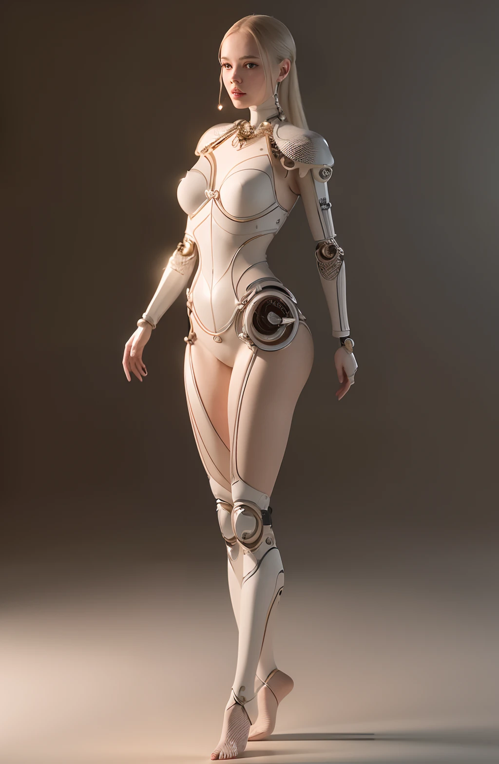 Intricate 3d rendering of highly detailed beautiful ceramic silhouette female robot face, cyborg, robot parts, 150 mm, beautiful studio soft light, rim light, vibrant details, luxury cyberpunk, lace, surreal, anatomy Science, Facial Muscles, Cable Wires, Microchip, Elegant, Beautiful Background, Octane Rendering, HR Giger Style, 8k, Best Quality, Masterpiece, Illustration, Very Delicate and Beautiful, Very Detailed, CG, Uniform, Wallpaper, (fidelity, fidelity: 1.37), amazing, fine detail, masterpiece, best quality, official art, very detailed cg unity 8k wallpaper, bare legs, bare feet, unbelievably ridiculous, woman , Anthropomorphic, Full Body Portrait, Standing