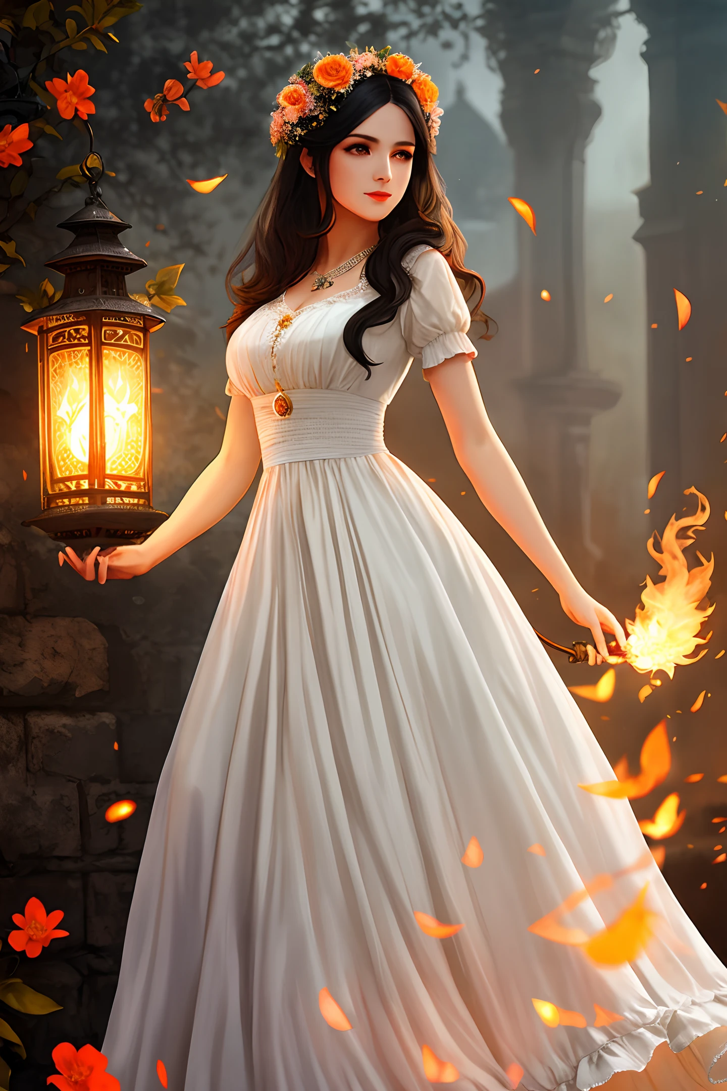 A beautiful woman, full body, wearing a white and peach vintage dress holding a flower of fire amd a beautiful antique lantern, super realistic digital art, game character, nations of darkness style, vampire with grey eyes straight long black hair