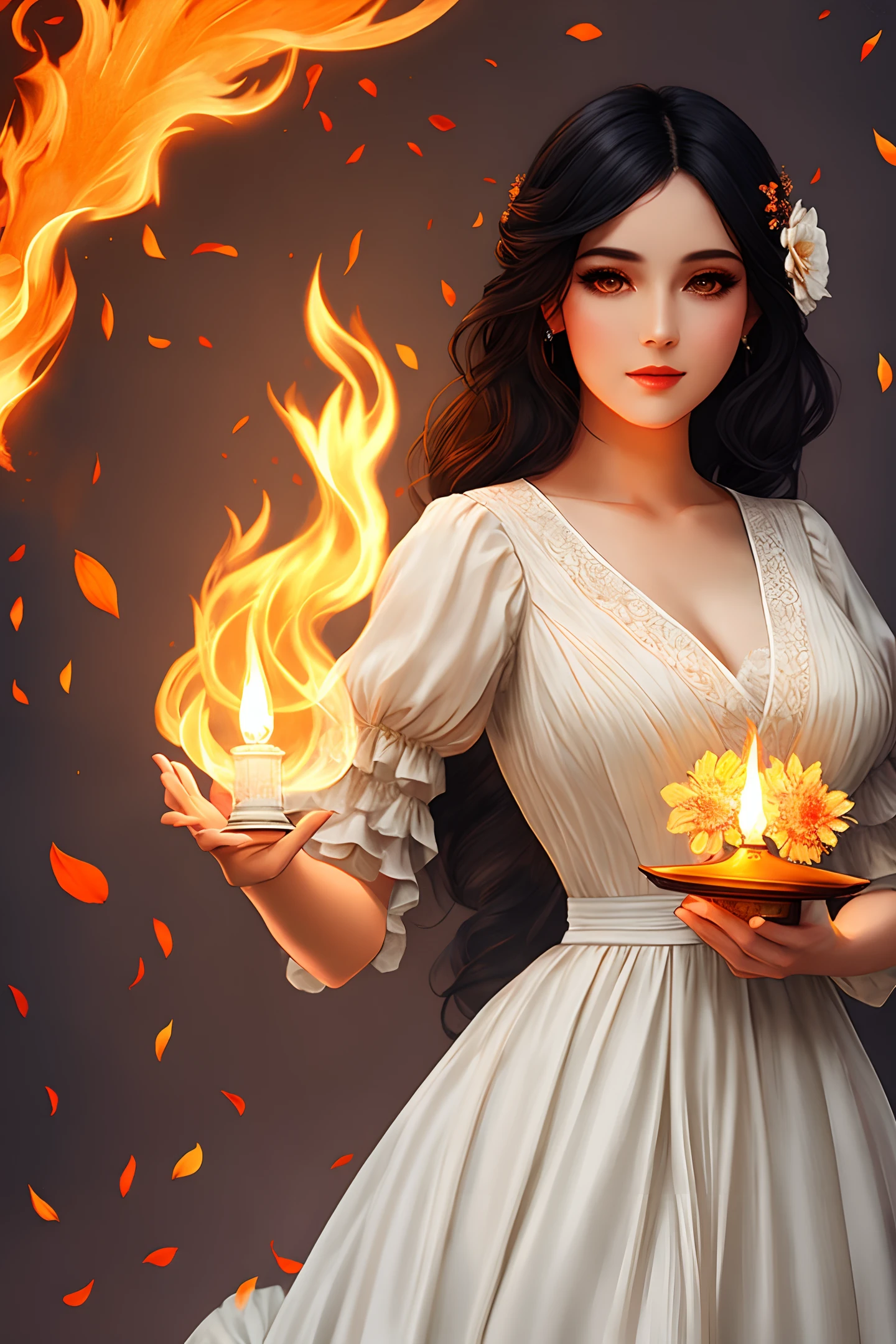 A beautiful woman, full body, wearing a white and peach vintage dress holding a flower of fire amd a beautiful antique lantern, super realistic digital art, game character, nations of darkness style, vampire with grey eyes straight long black hair