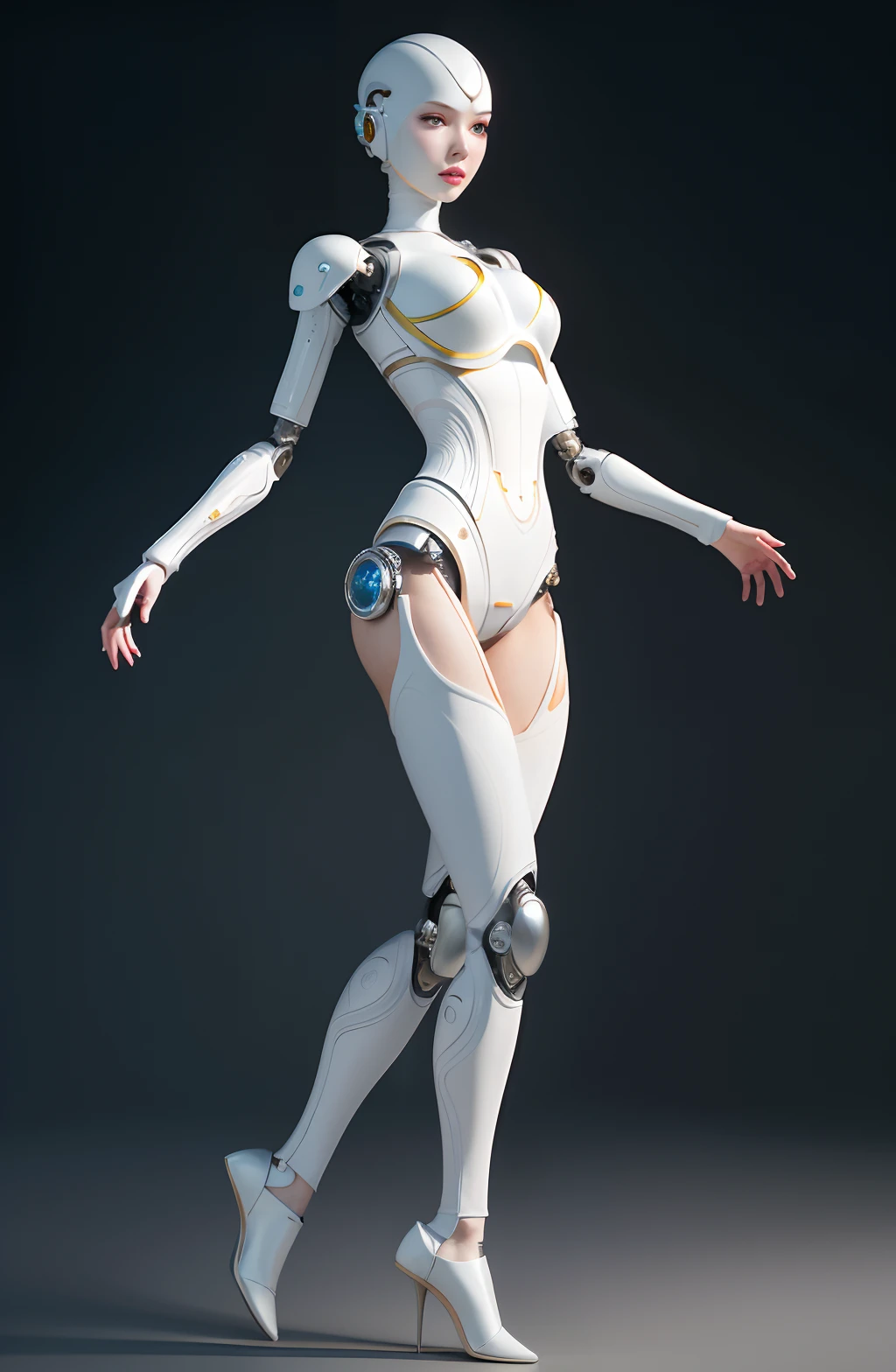 Intricate 3d rendering of highly detailed beautiful ceramic silhouette female robot face, cyborg, robot parts, 150 mm, beautiful studio soft light, rim light, vibrant details, luxury cyberpunk, lace, surreal, anatomy Science, Facial Muscles, Cable Wires, Microchip, Elegant, Beautiful Background, Octane Rendering, HR Giger Style, 8k, Best Quality, Masterpiece, Illustration, Very Delicate and Beautiful, Very Detailed, CG, Uniform, Wallpaper, (fidelity, fidelity: 1.37), amazing, fine detail, masterpiece, best quality, official art, very detailed cg unity 8k wallpaper, bare legs, bare feet, unbelievably ridiculous, woman , Anthropomorphic, Full Body Portrait, Standing