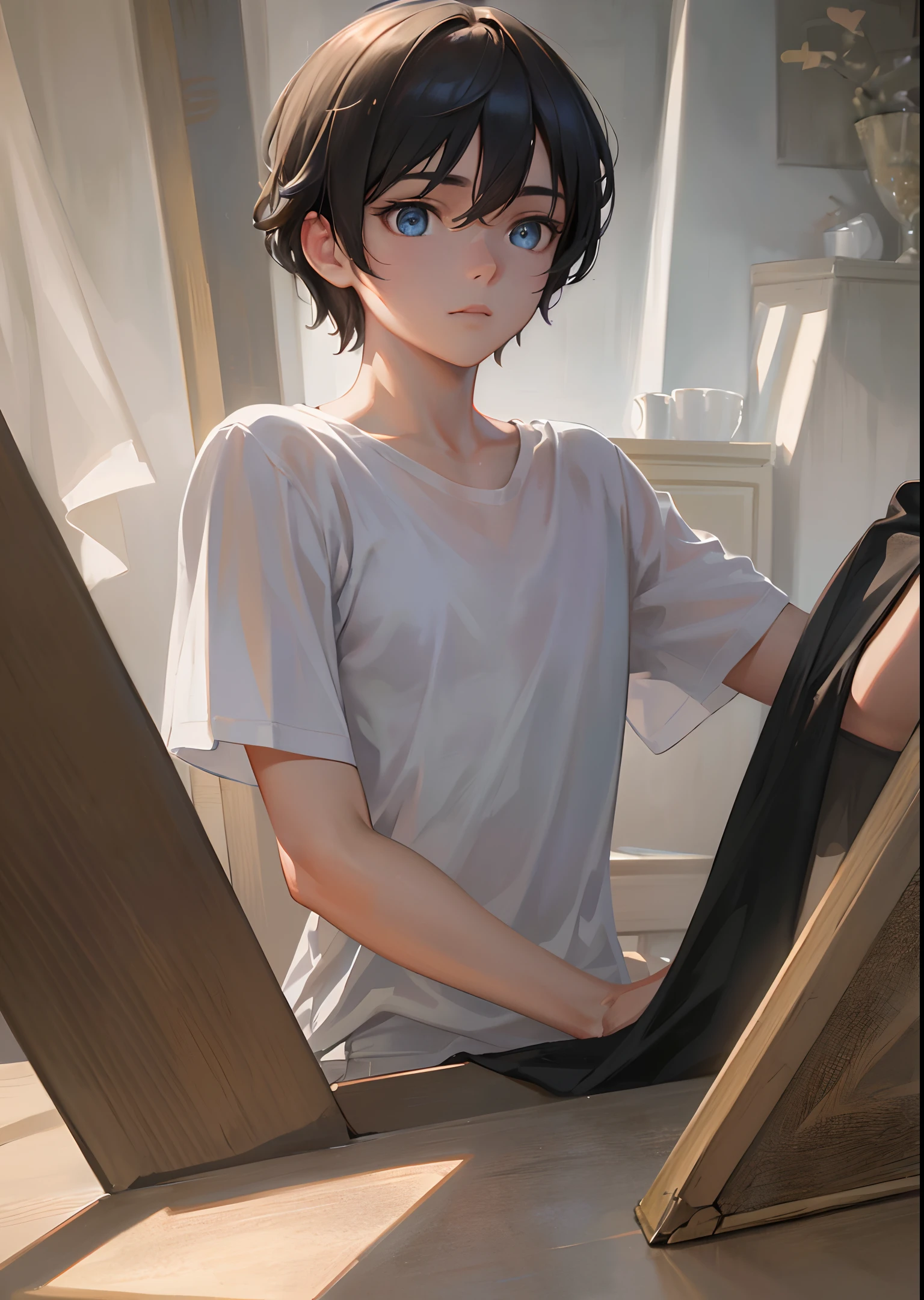 Two-dimensional, (incomparable masterpiece, side light, detailed and beautiful eyes: 1.2), ultra-realistic 8k CG, perfect artwork, upper body, shiny hair, glowing eyes, shiny skin, 2D, Impasto , (male), male handsome fluffy short hair white T-shirt pure white background masterpiece
