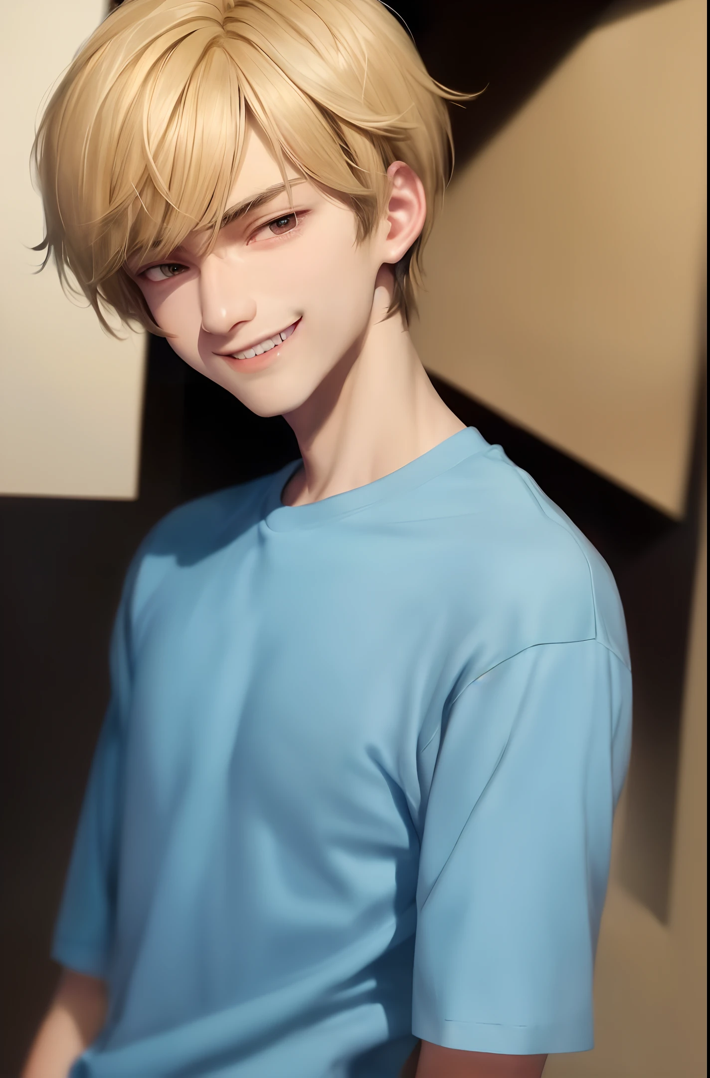 Two-dimensional, illustration, superb, masterpiece, upper body, (male), (18-year-old male), (smile: 0.6), short blonde hair, fluffy hair, aquamarine eyes, shirt, snow white, masterpiece, 8k