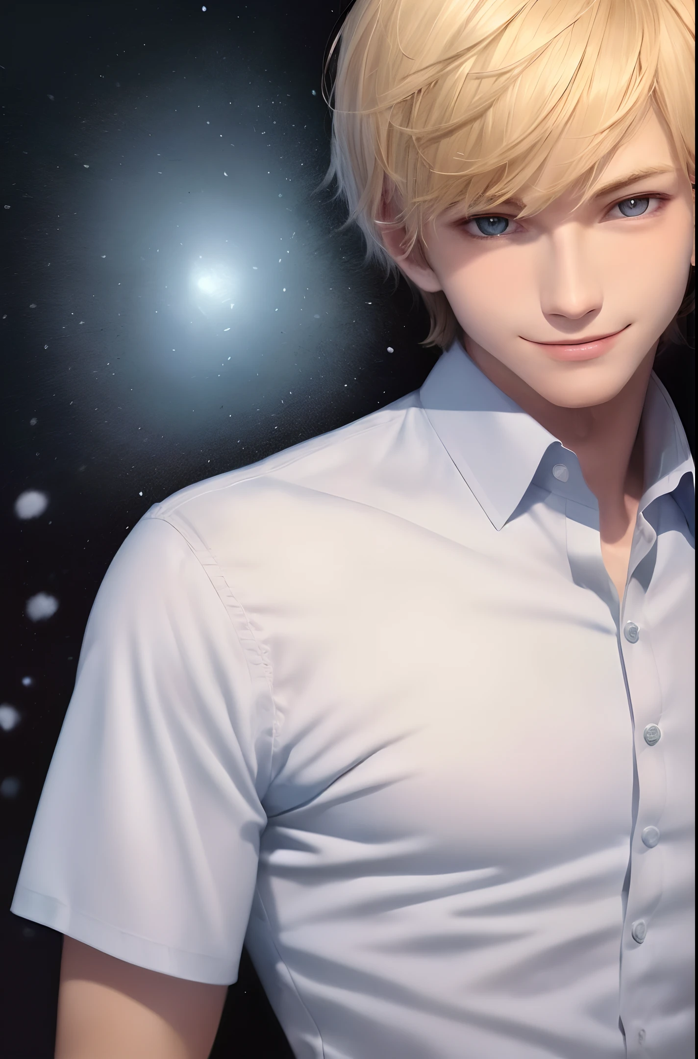 Two-dimensional, illustration, superb, masterpiece, upper body, (male), (18-year-old male), (smile: 0.6), short blonde hair, fluffy hair, aquamarine eyes, shirt, snow white, masterpiece, 8k