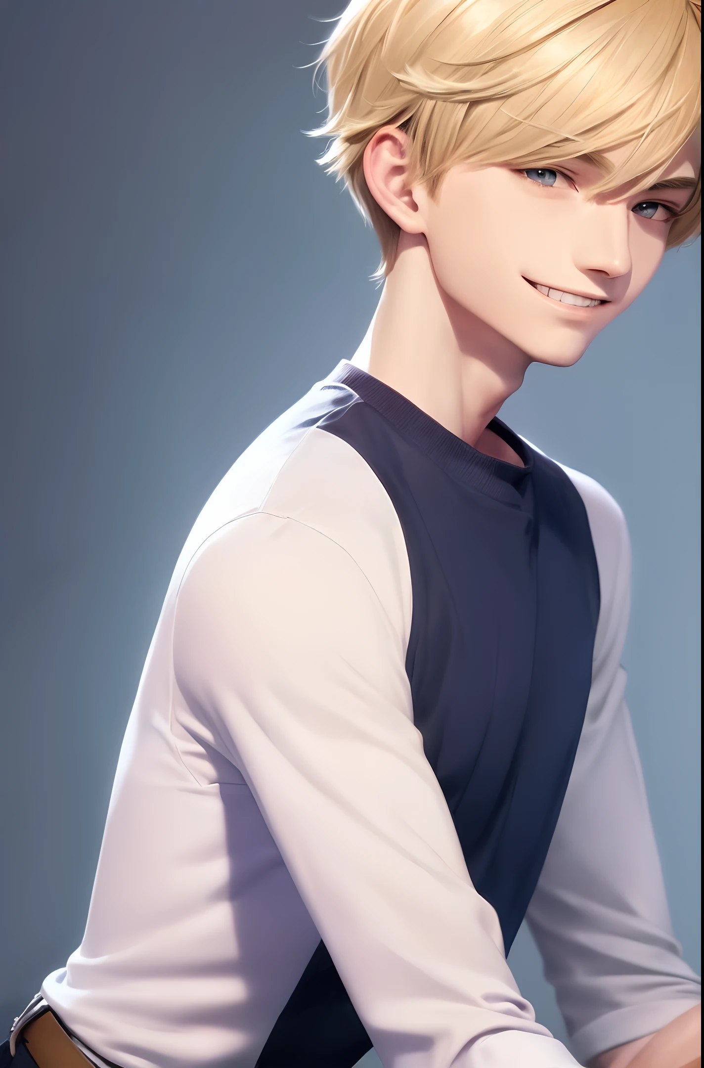 Two-dimensional, illustration, superb, masterpiece, upper body, (male), (18-year-old male), (smile: 0.6), short blonde hair, fluffy hair, aquamarine eyes, shirt, snow white, masterpiece, 8k