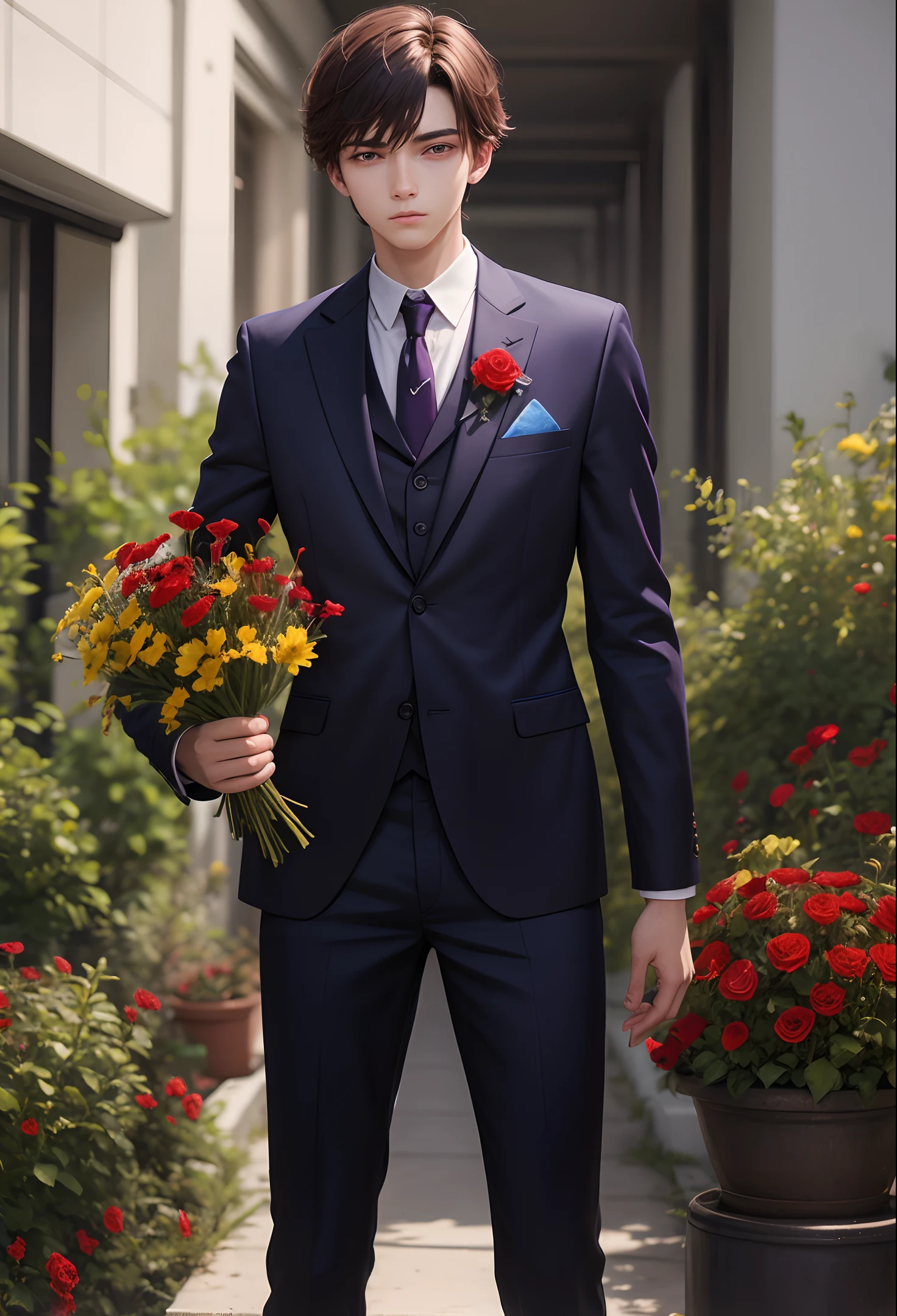 (2D), Masterpiece, Best Quality, High Resolution, Young Male, Eighteen Years Old, Handsome Facial Features, Short Brown Hair, Suit, Holding Flowers, Red Flowers, Yellow Flowers, Blue Flowers, Purple flowers, atmosphere, beautiful, 8k