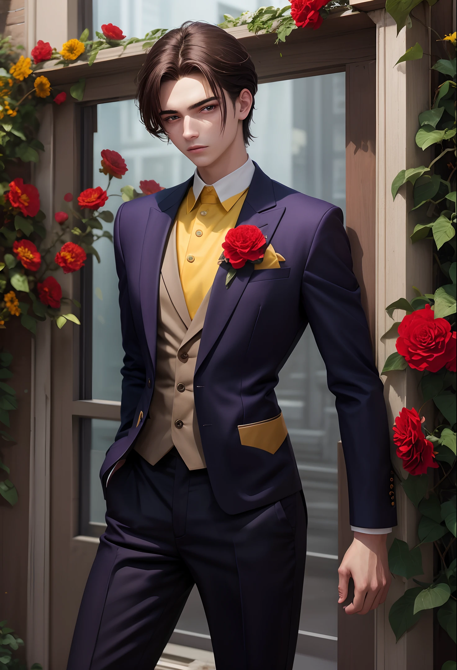 (2D), Masterpiece, Best Quality, High Resolution, Young Male, Eighteen Years Old, Handsome Facial Features, Short Brown Hair, Suit, Holding Flowers, Red Flowers, Yellow Flowers, Blue Flowers, Purple flowers, atmosphere, beautiful, 8k