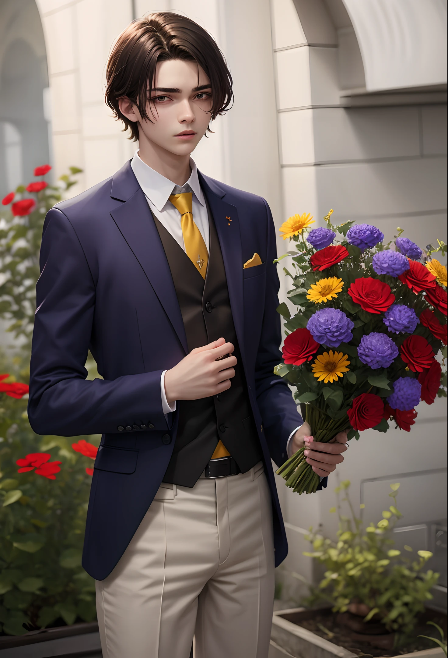 (2D), Masterpiece, Best Quality, High Resolution, Young Male, Eighteen Years Old, Handsome Facial Features, Short Brown Hair, Suit, Holding Flowers, Red Flowers, Yellow Flowers, Blue Flowers, Purple flowers, atmosphere, beautiful, 8k