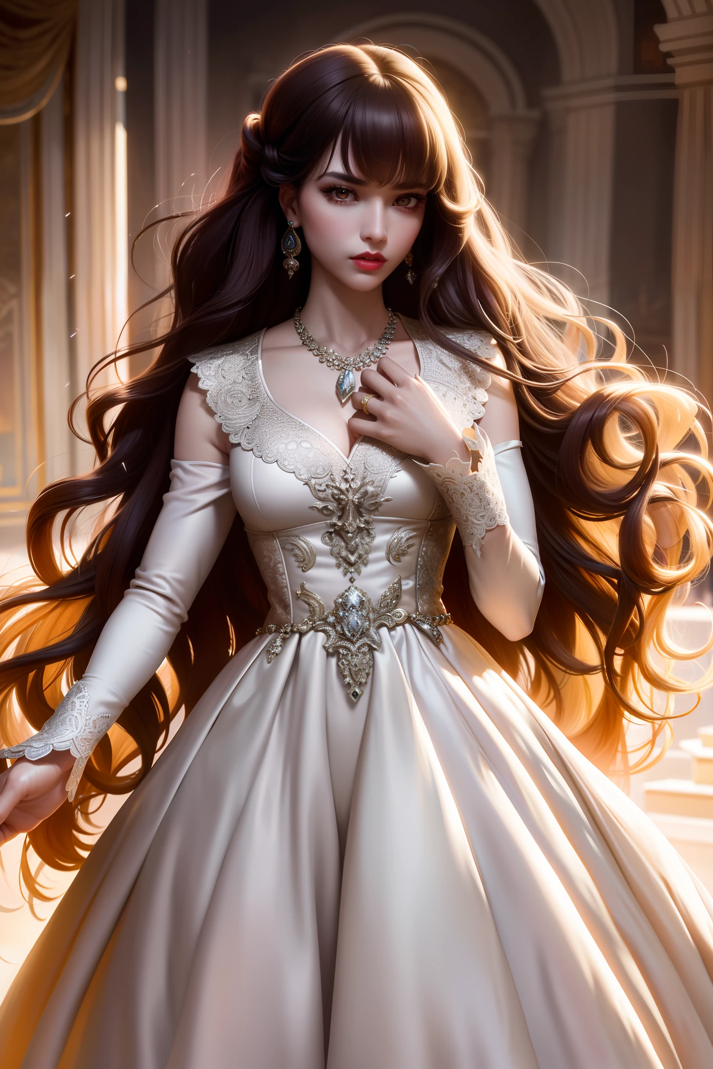 ultra realistic 8k cg, picture-perfect face, flawless, clean, masterpiece, professional artwork, famous artwork, cinematic lighting, cinematic bloom, perfect face, beautiful face, beautiful eyes, ((perfect female body, narrow waist)), black hair, red eyes, royal, divine, goddess, godlike, (royal palace), fantasy, dreamlike, unreal, beautiful clothes, lace, lace trim, absurdly long hair, very long hair, (rich:1.4), bangs, wavy long hair, prestige, luxury,  intricate detail, delicate pattern, charming, alluring, enchanting,  necklace, earrings, smart, determined gaze, red lips, sunset, windy day, orange glow, battle ready-stance 