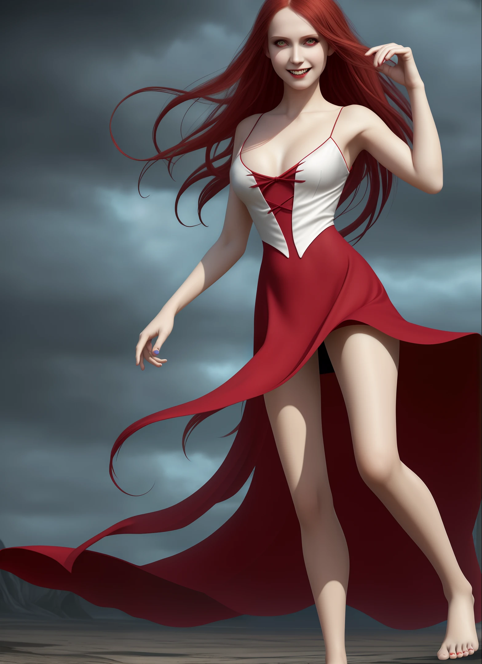 Exquisite face, full body shot, full body details, medium body, peerless body, barefoot, toes, white dress, barefoot standing vampire princess, charming red-haired girl, charming smile, dark fantasy, (((masterpiece)) ) , ,,,,,, (8K HD wallpaper) exclusive, two-dimensional social trend, grotesque realistic style, T-foot standing, royal atmosphere,