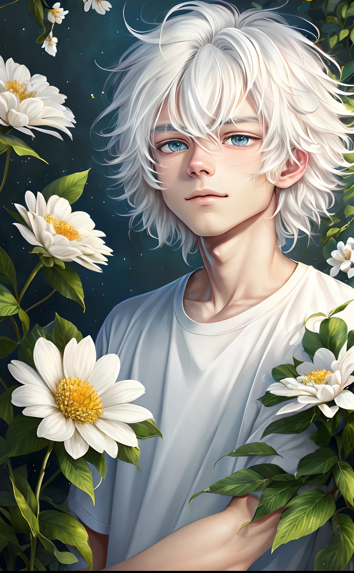 (2D), high quality, high quality, masterpiece, 8k, very detailed, amazing, detailed, male, (twenty years old), short white hair, fluffy and handsome, well-defined hair, very detailed eyes and face, gentle eyes, t T-shirt, hug cat, flower background, beautiful, fresh, bright color, movie light, healing picture