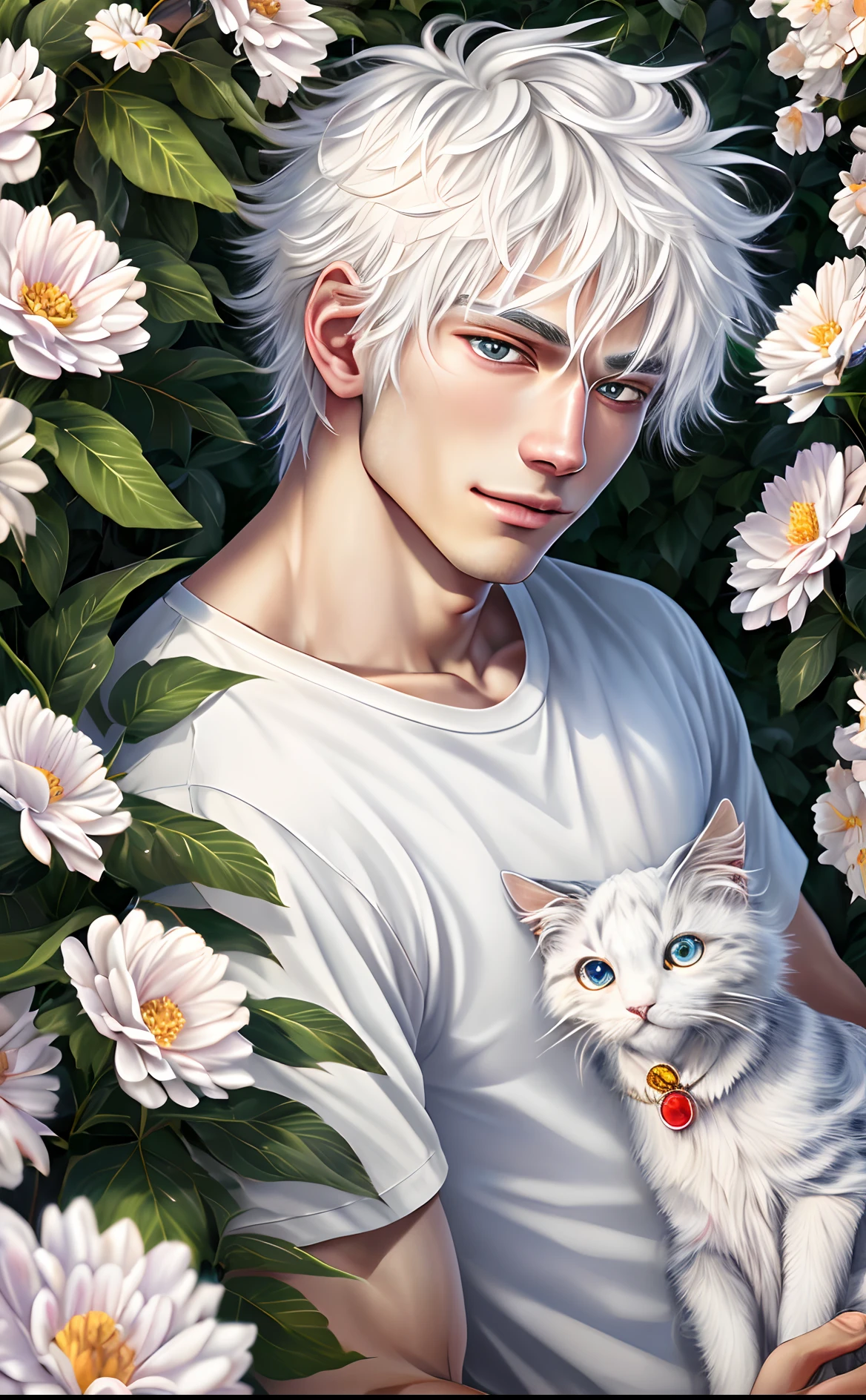 (2D), high quality, high quality, masterpiece, 8k, very detailed, amazing, detailed, male, (twenty years old), short white hair, fluffy and handsome, well-defined hair, very detailed eyes and face, gentle eyes, t T-shirt, hug cat, flower background, beautiful, fresh, bright color, movie light, healing picture