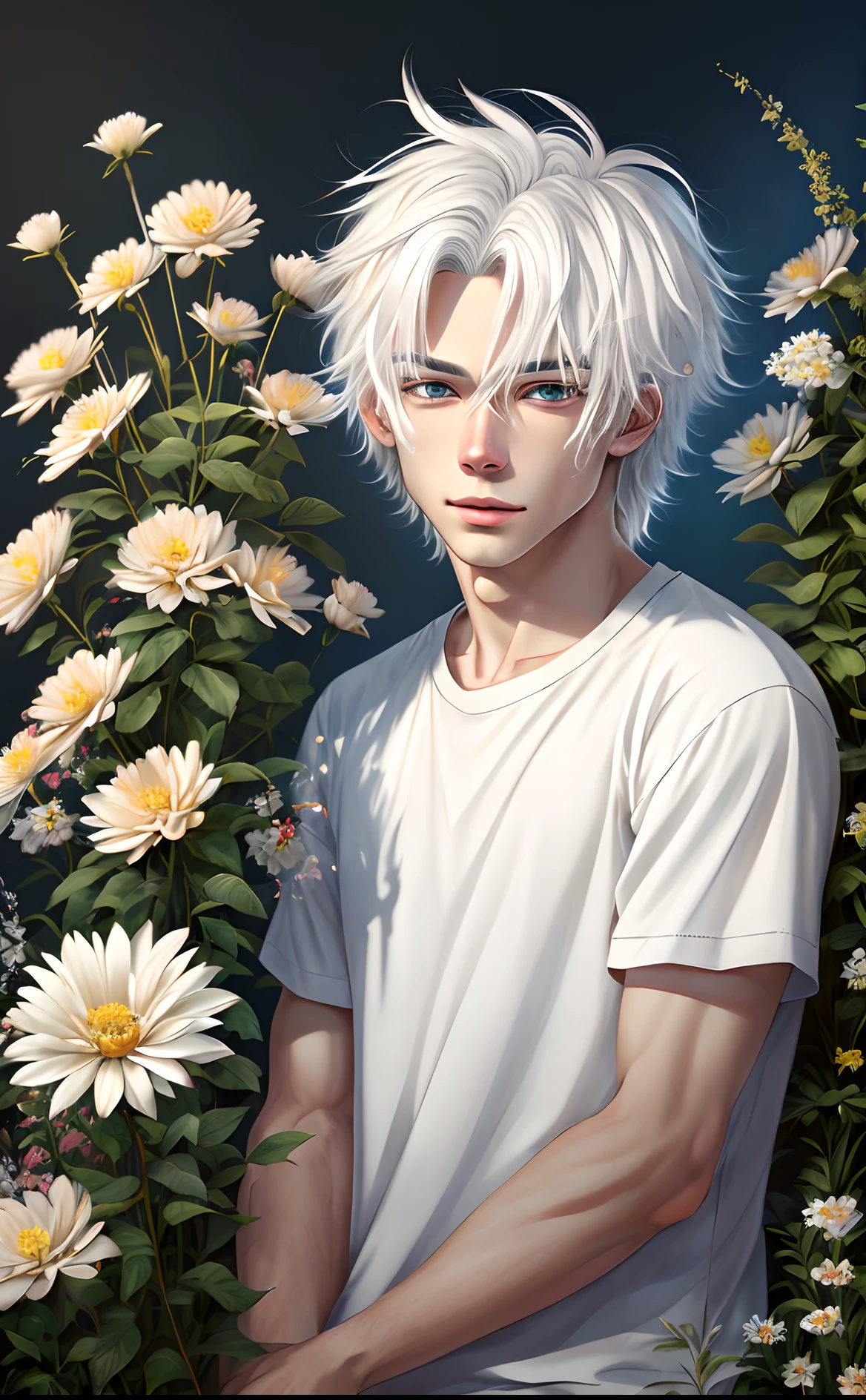 (2D), high quality, high quality, masterpiece, 8k, very detailed, amazing, detailed, male, (twenty years old), short white hair, fluffy and handsome, well-defined hair, very detailed eyes and face, gentle eyes, t T-shirt, hug cat, flower background, beautiful, fresh, bright color, movie light, healing picture