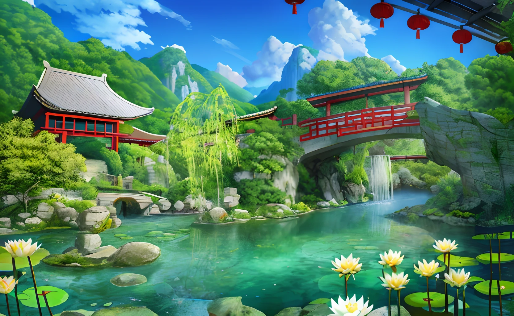 Chinese ancient architecture, sky, garden, bamboo, lake, stone bridge, rockery, arch bridge, corner, rockery, tree, water, landscape, outdoor, waterfall, grass, rock, water lily, creek, lotus, space softening light (illustration: 1.0), masterpiece, best quality