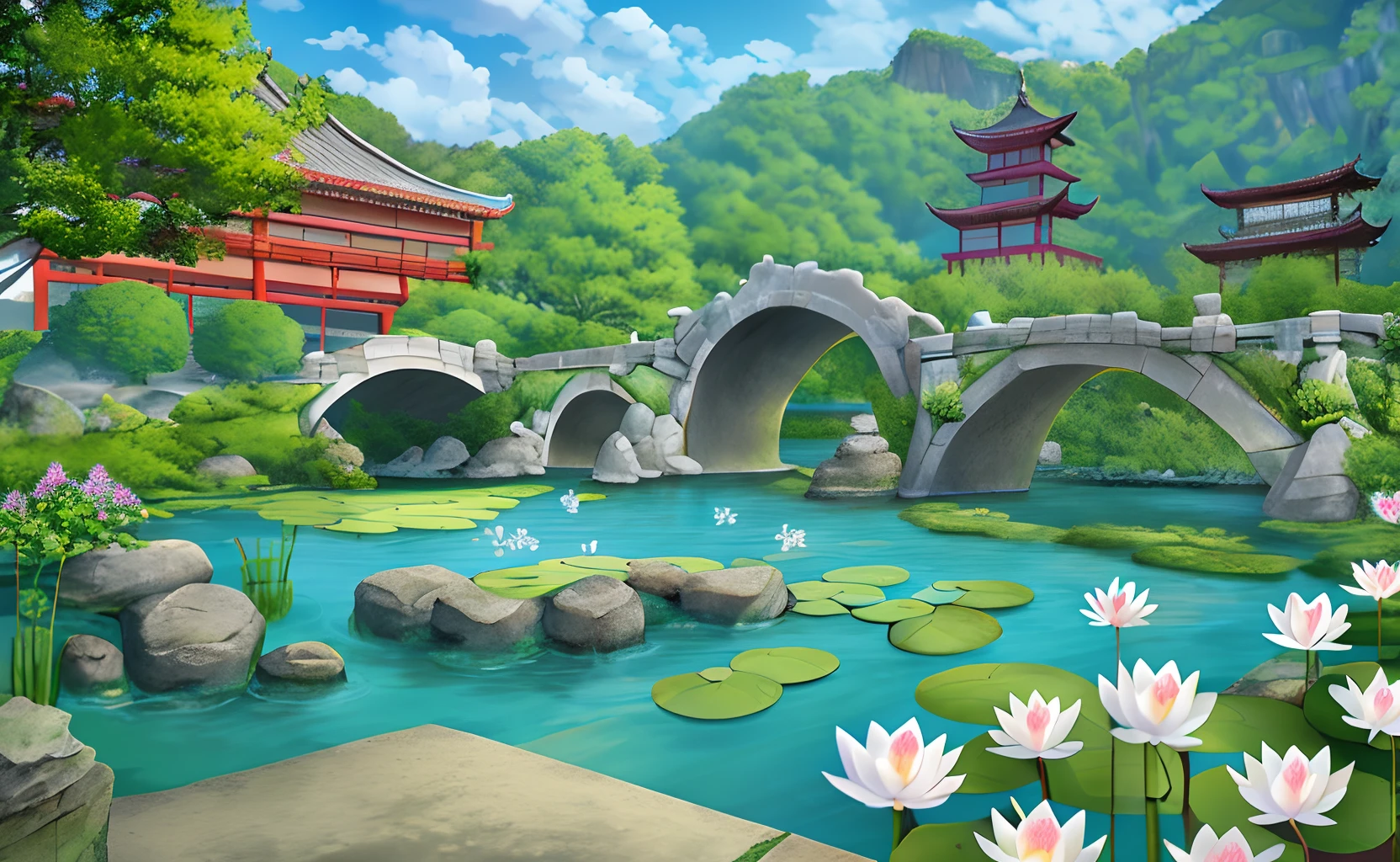 Chinese ancient architecture, sky, garden, bamboo, lake, stone bridge, rockery, arch bridge, corner, rockery, tree, water, landscape, outdoor, waterfall, grass, rock, water lily, creek, lotus, space softening light (illustration: 1.0), masterpiece, best quality