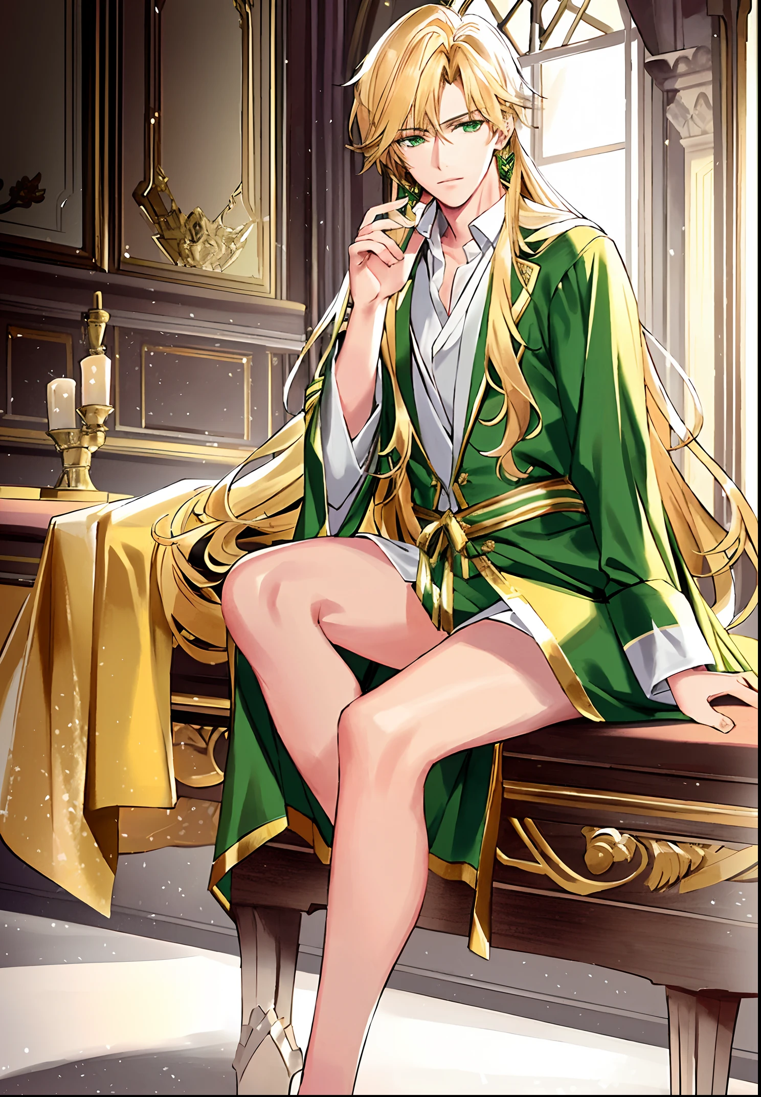 FH, Masterpiece, best quality, sharp, contrast, realistic drawing, male, 18 years old, long blond hair, green eyes, bathrobe, sparkling hair, sitting on the bed, ambiance, movie light, 8k