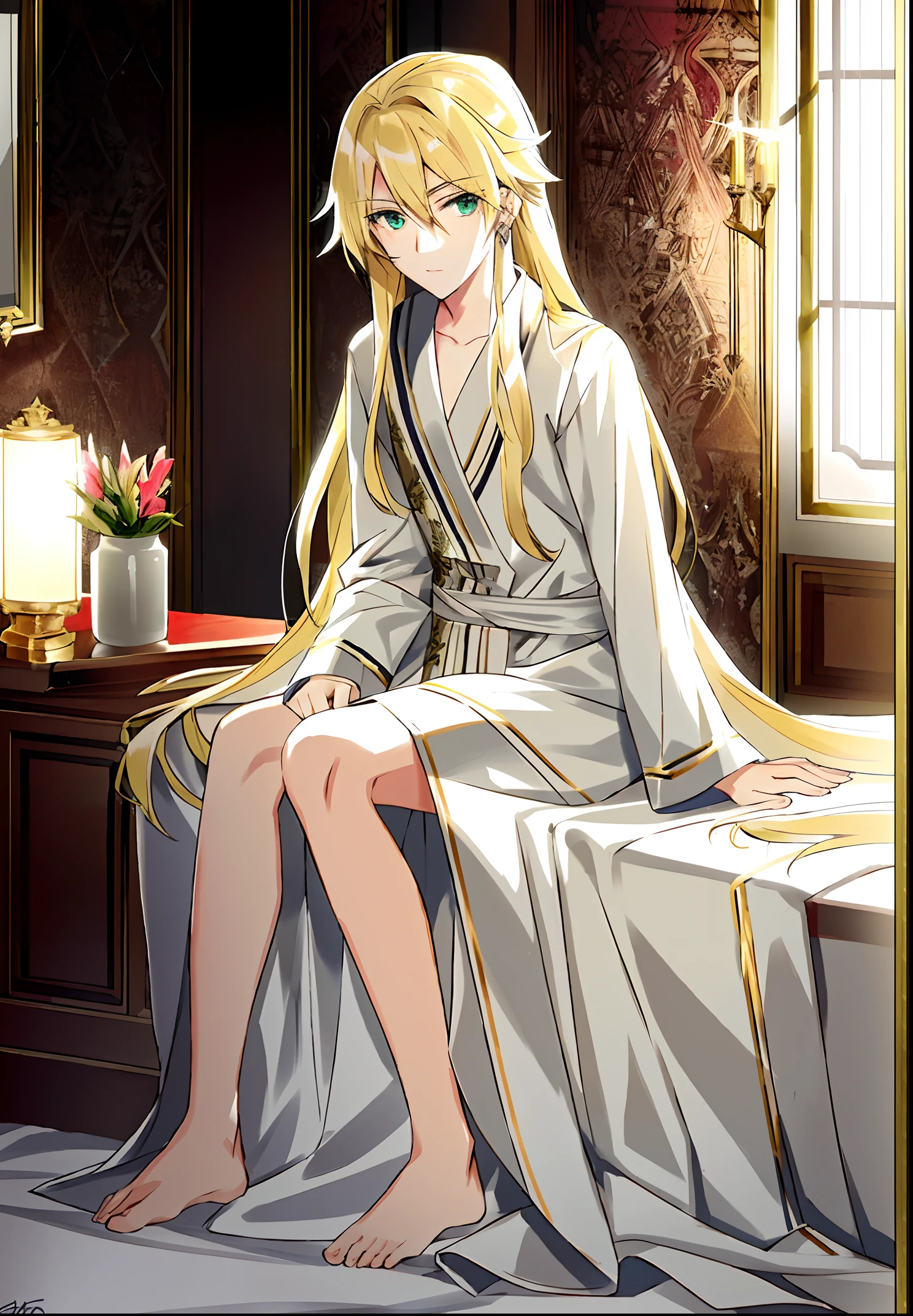 FH, Masterpiece, best quality, sharp, contrast, realistic drawing, male, 18 years old, long blond hair, green eyes, bathrobe, sparkling hair, sitting on the bed, ambiance, movie light, 8k