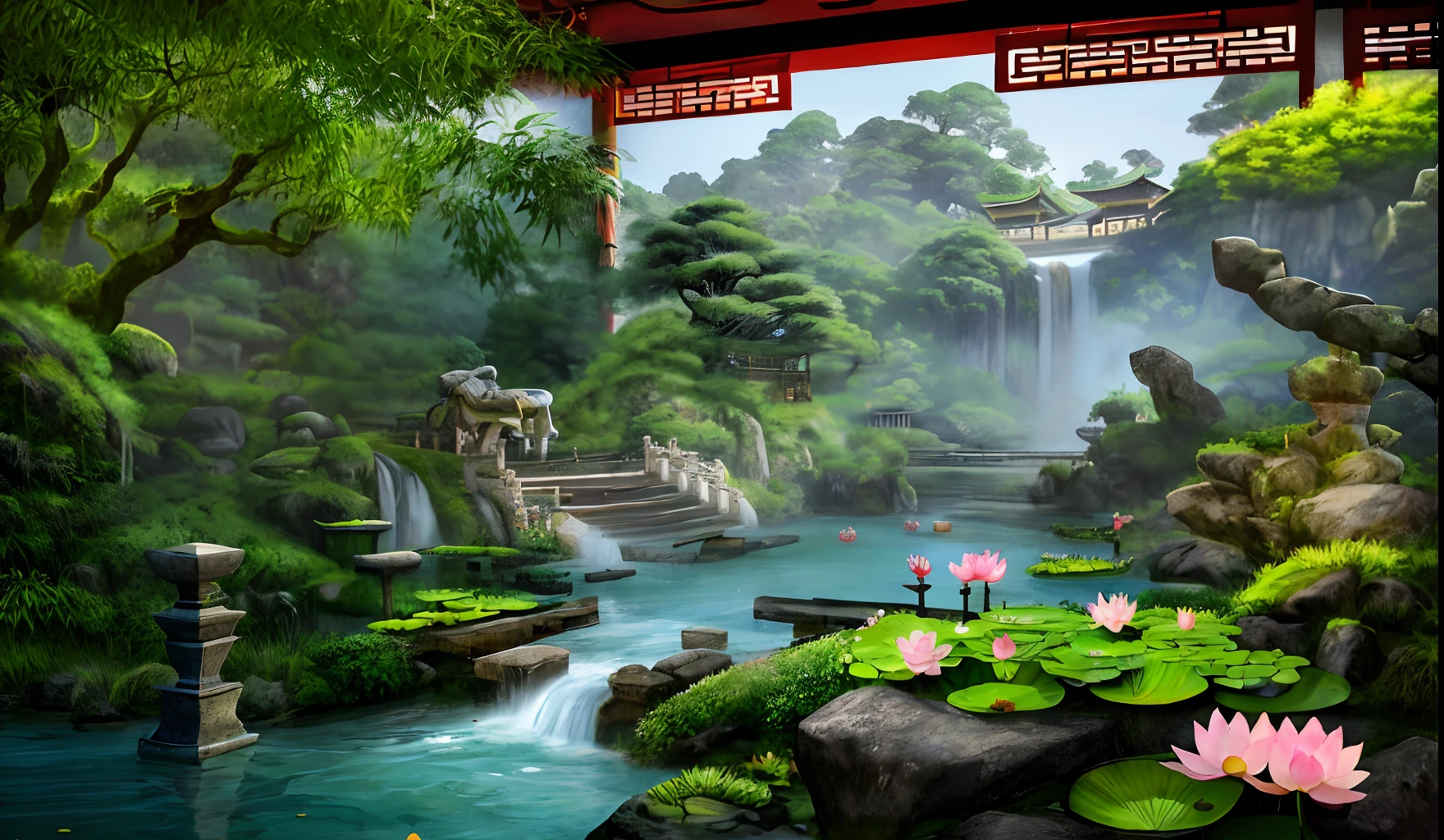 Chinese ancient architecture, sky, garden, bamboo, lake, stone bridge, rockery, arch bridge, corner, rockery, tree, water, landscape, outdoor, waterfall, grass, rock, water lily, creek, lotus, (Illustration: 1.0), Masterpiece, best quality, epic composition, realistic light and shadow, HD details