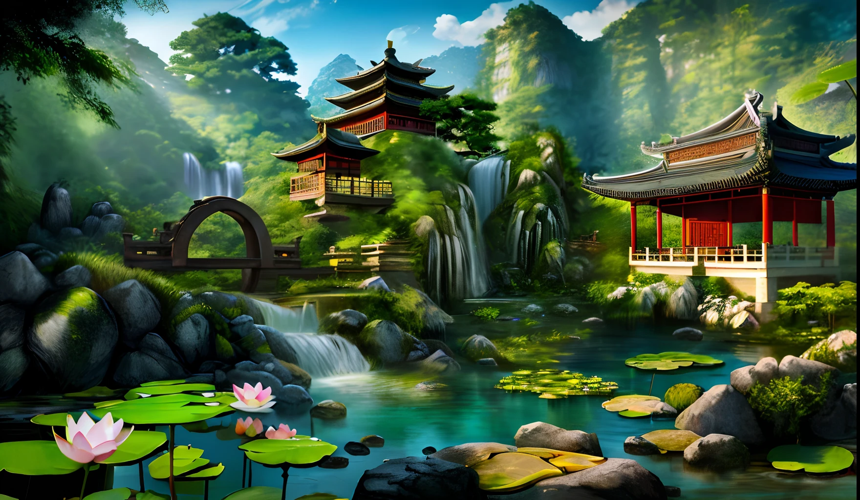 Chinese ancient architecture, sky, garden, bamboo, lake, stone bridge, rockery, arch bridge, corner, rockery, tree, water, landscape, outdoor, waterfall, grass, rock, water lily, creek, lotus, (Illustration: 1.0), Masterpiece, best quality, epic composition, realistic light and shadow, HD details